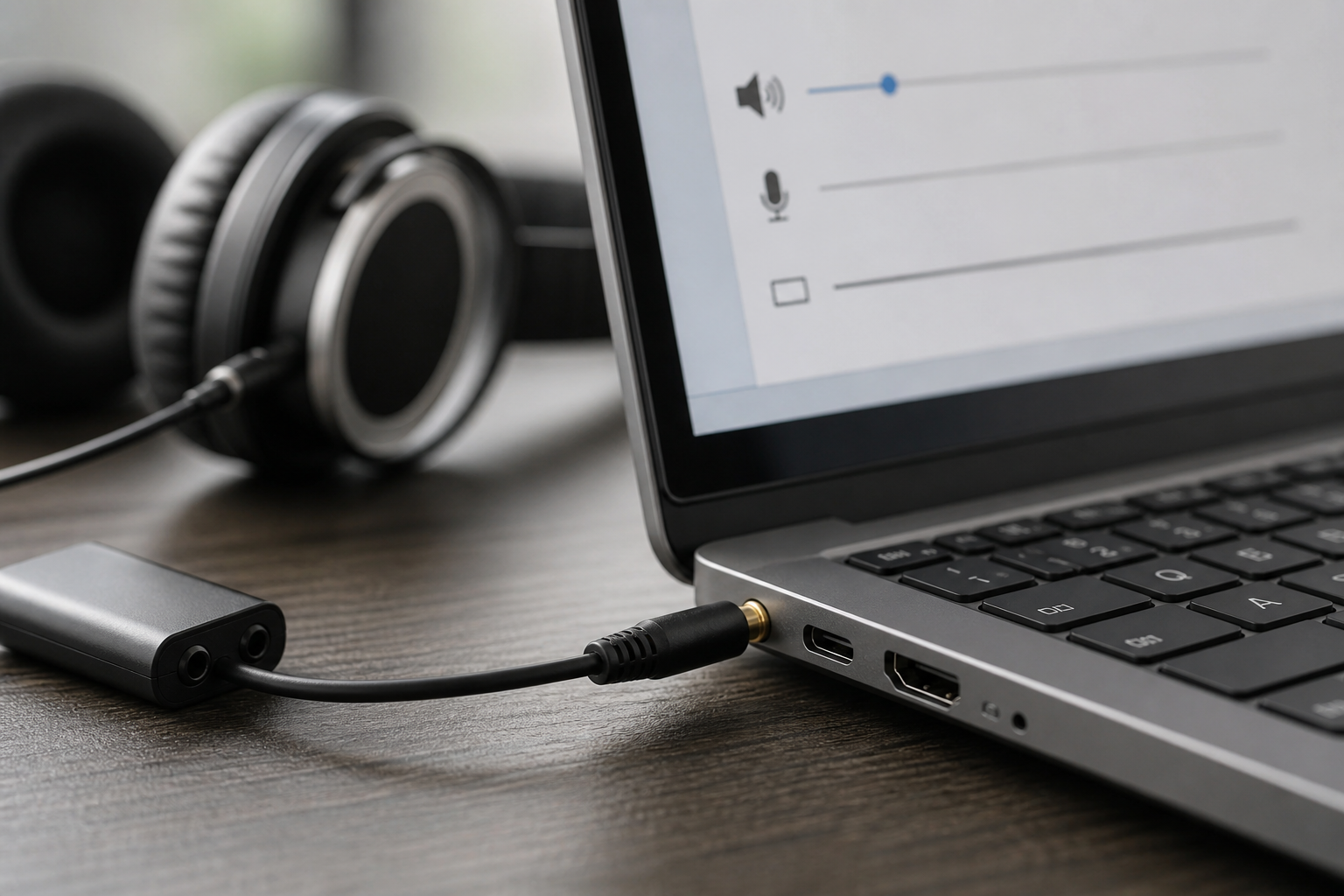 Nahaufnahme eines angeschlossenen Audiokabels und neutraler Windows-Audioeinstellungen