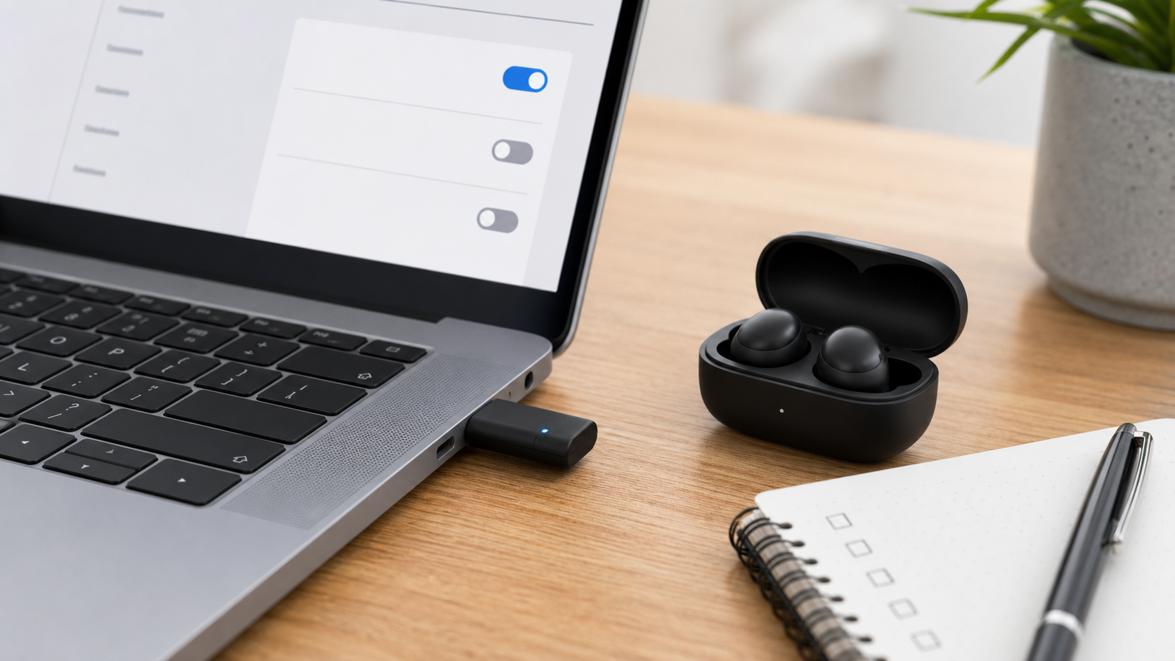 Laptop mit Bluetooth-Adapter und kabellosen Kopfhörern während der Kopplungsprüfung