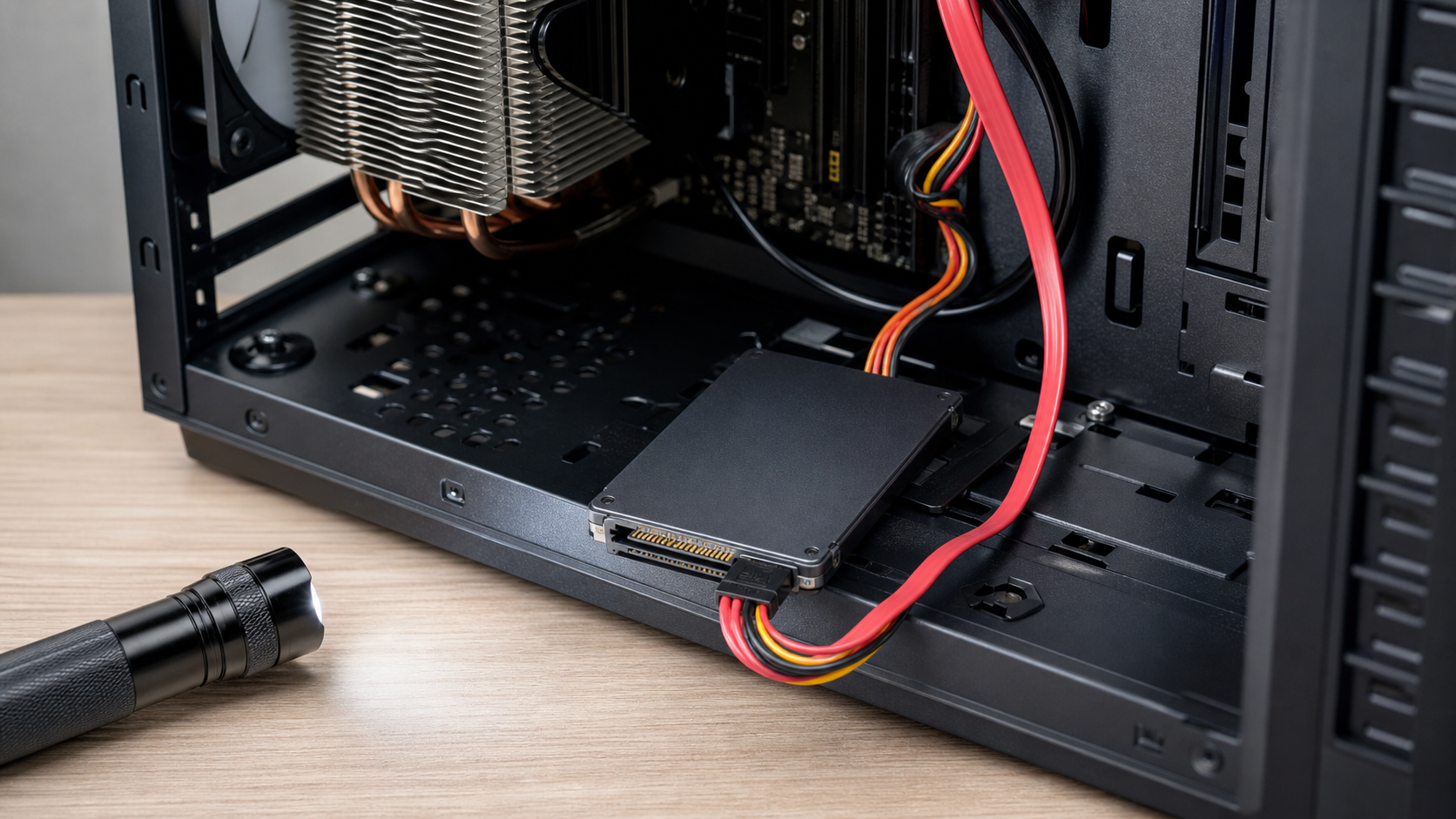 Geöffneter Desktop-PC mit angeschlossener SSD zur Prüfung des Bootlaufwerks