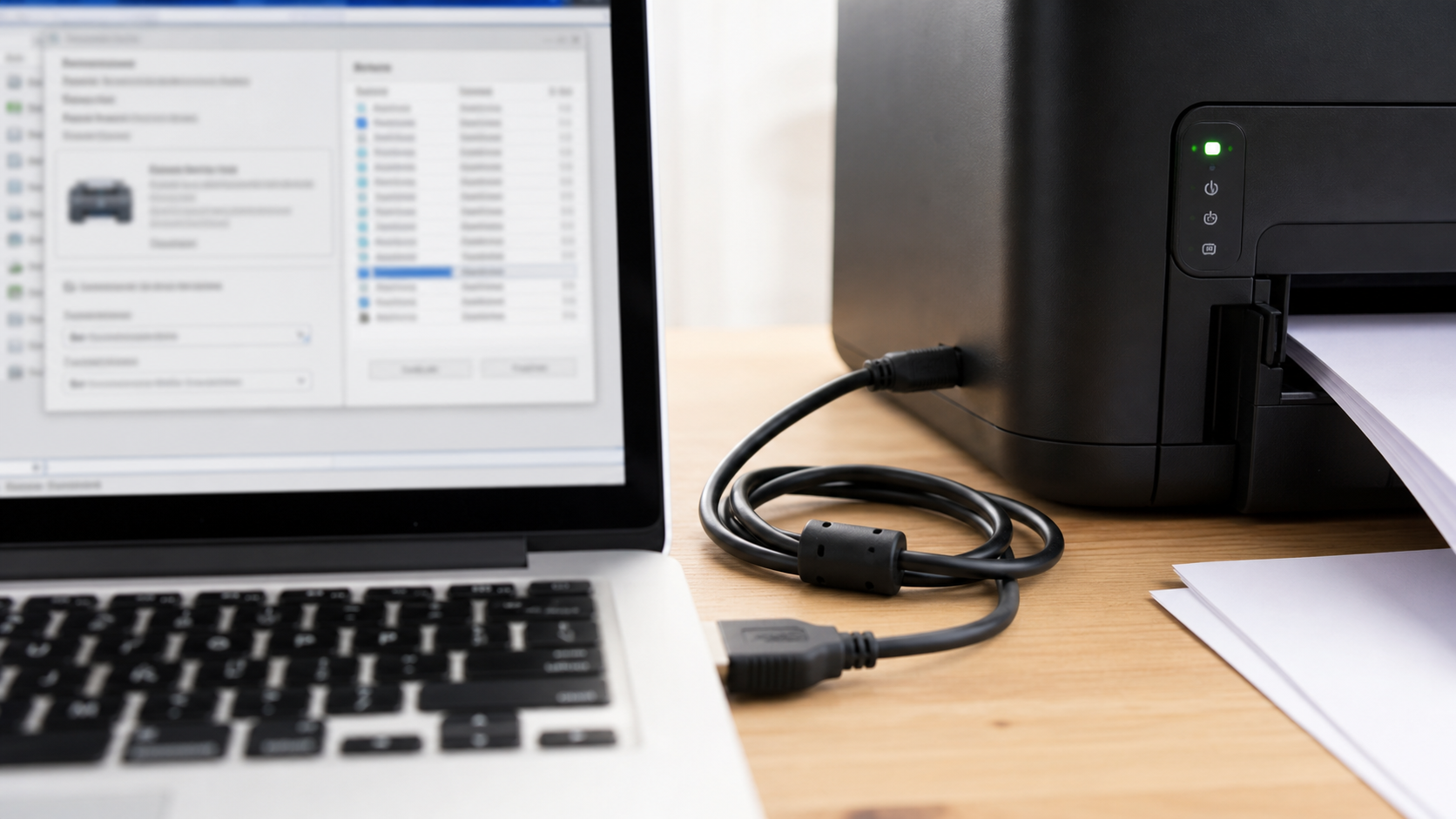 Nahaufnahme eines Laptops mit Druckereinstellungen und Druckerkabel bei der Fehlerprüfung