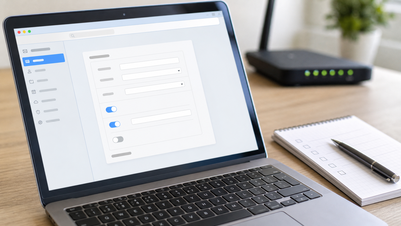 Laptop mit geöffneten E-Mail-Kontoeinstellungen zur Fehlersuche