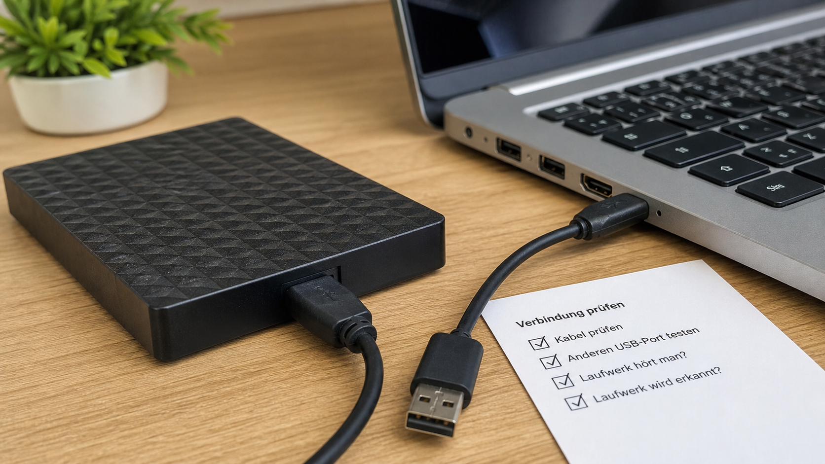Kabel und USB-Anschluss einer externen Festplatte prüfen