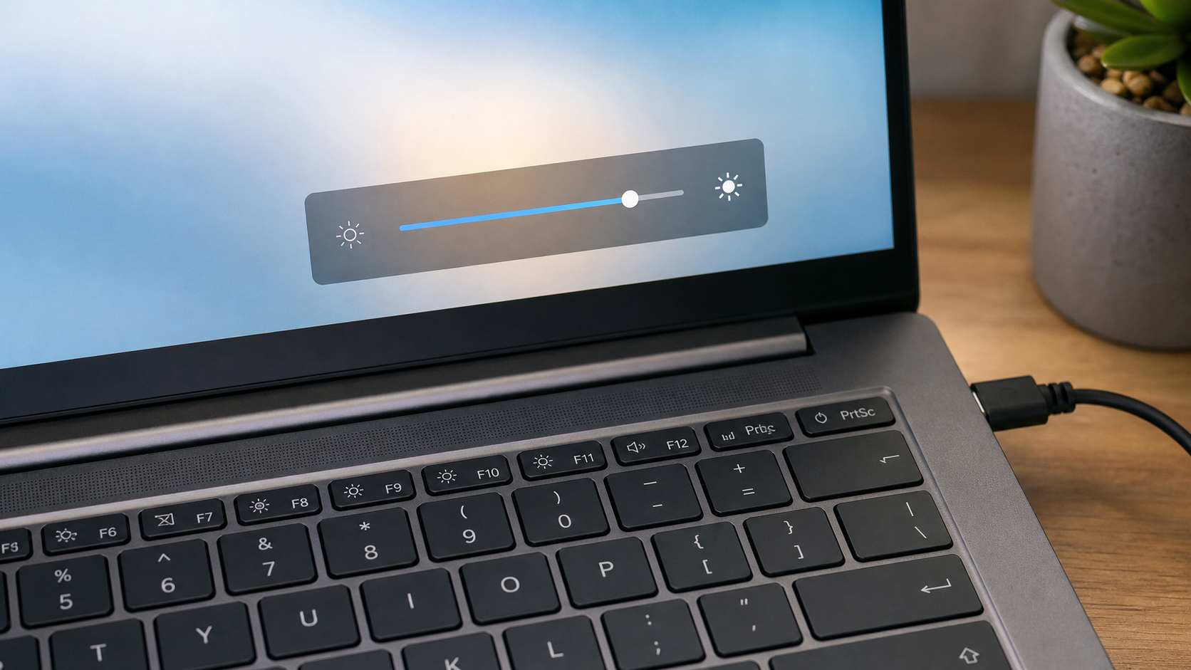 Nahaufnahme einer Helligkeitssteuerung an einem Laptop