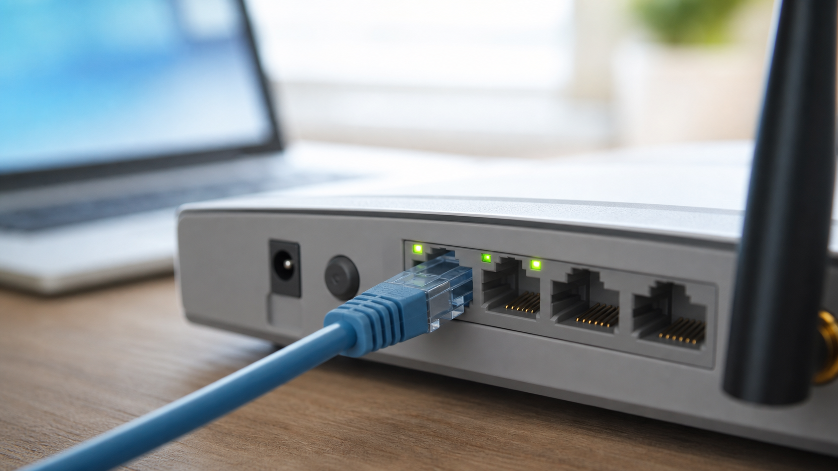 Eingerastetes LAN-Kabel an einem Router-Port mit leuchtender Statusanzeige