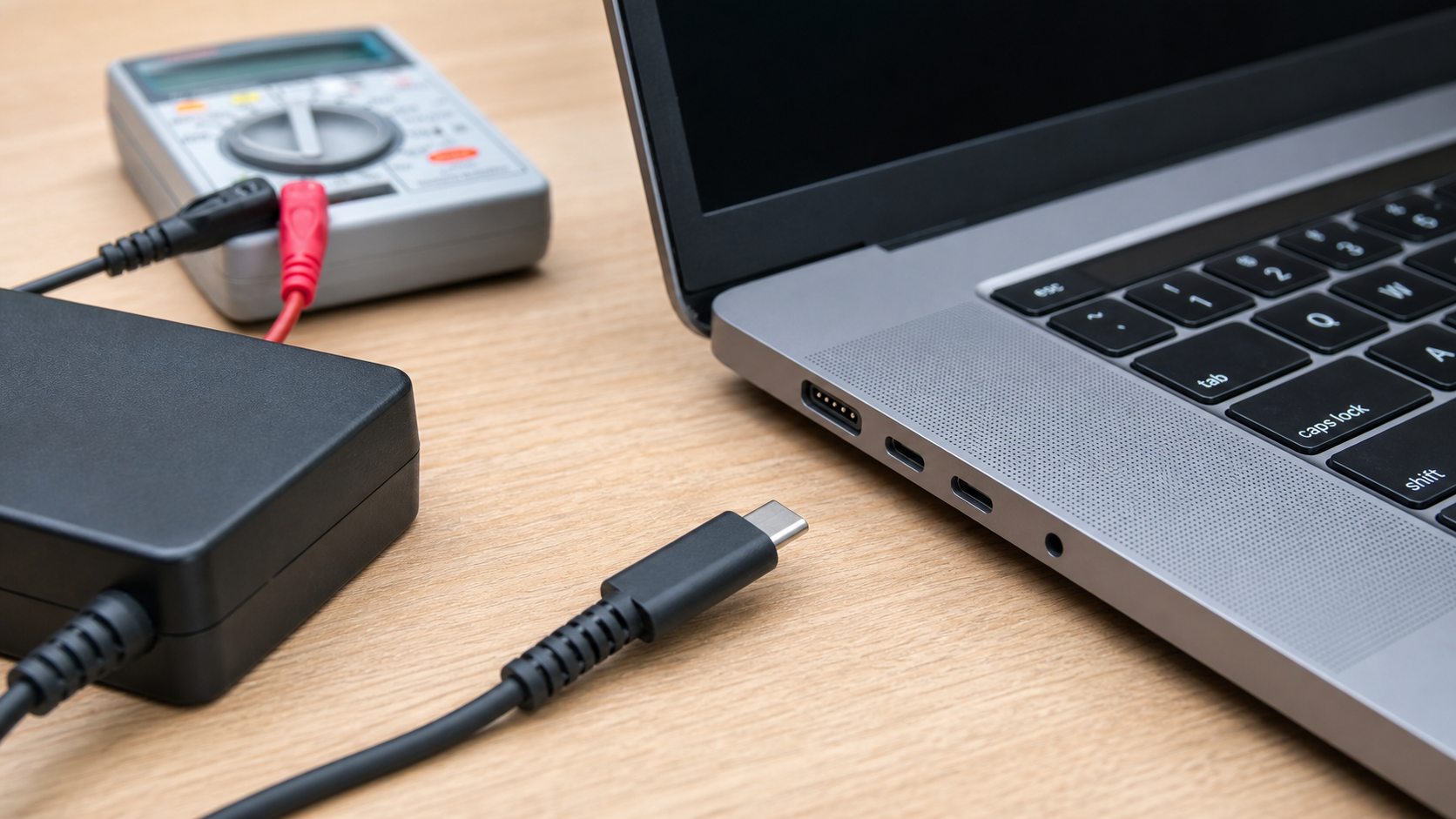 Nahaufnahme eines Laptop-Ladeanschlusses mit angeschlossenem Ladekabel zur Diagnose