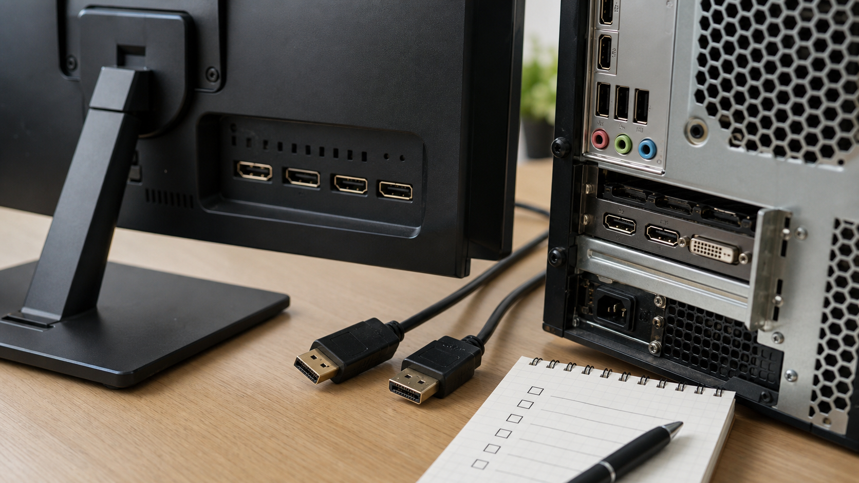 Nahaufnahme von Monitor- und PC-Anschlüssen zur Prüfung bei schwarzem Bildschirm
