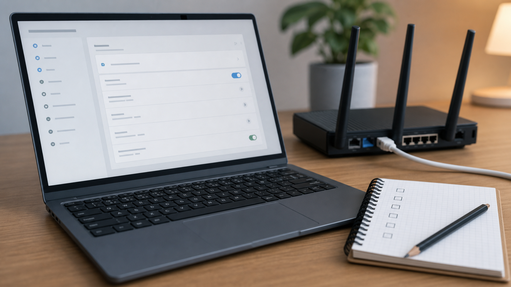 Netzwerkdiagnose am Laptop mit Router