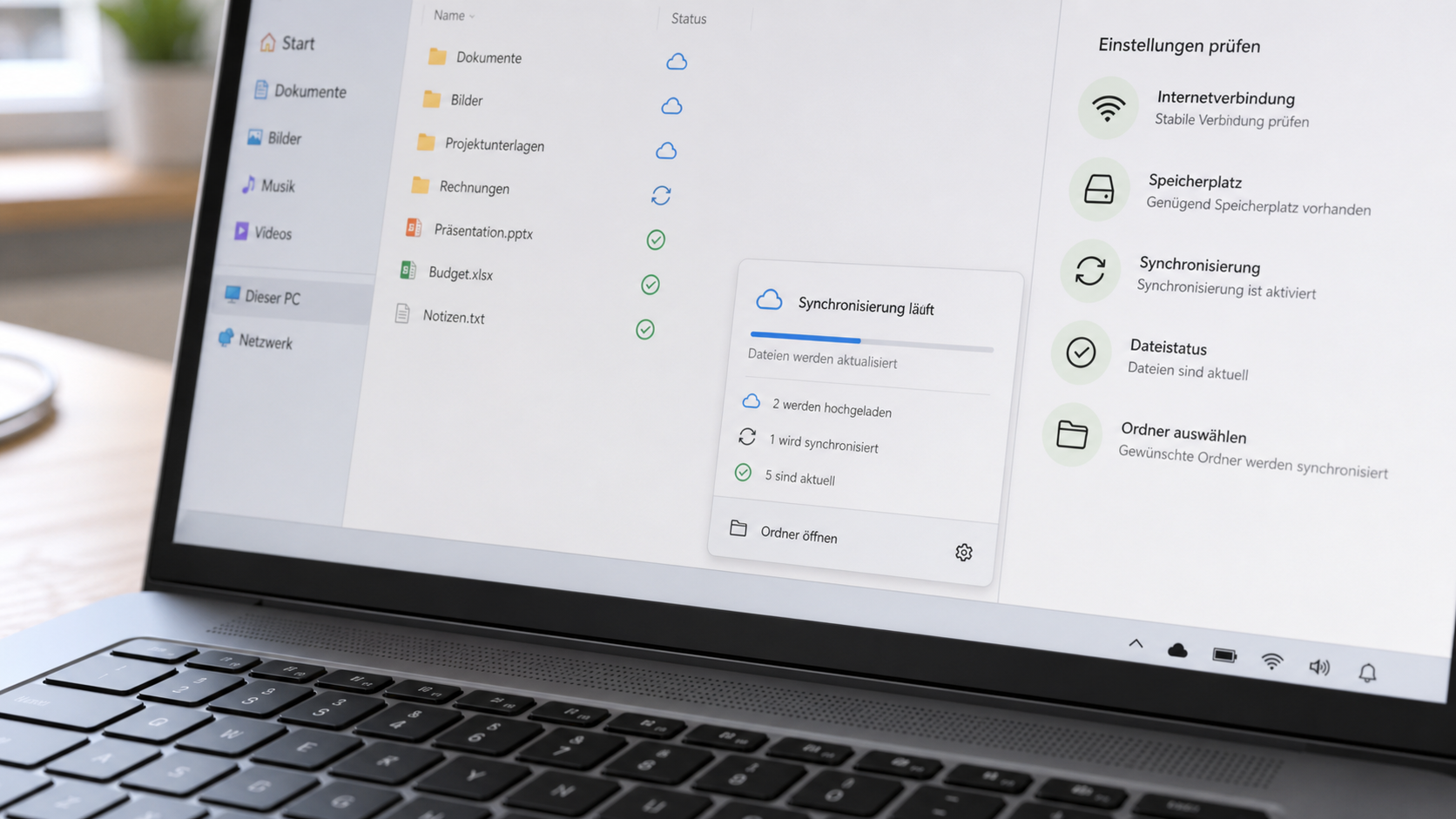 Nahaufnahme eines Laptops mit neutralem Cloud-Synchronisationsstatus