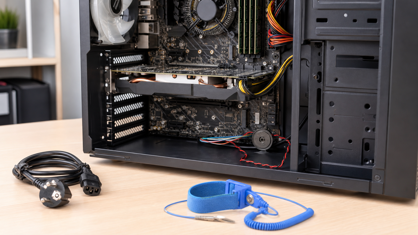 Geöffneter Desktop-PC mit abgezogenem Stromkabel zur sicheren Beepcode-Diagnose