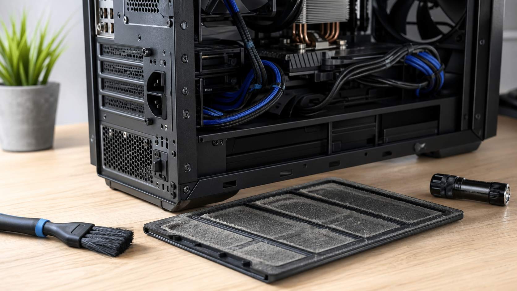 Nahaufnahme eines PC-Lüfters und Staubfilters bei der sicheren Diagnose
