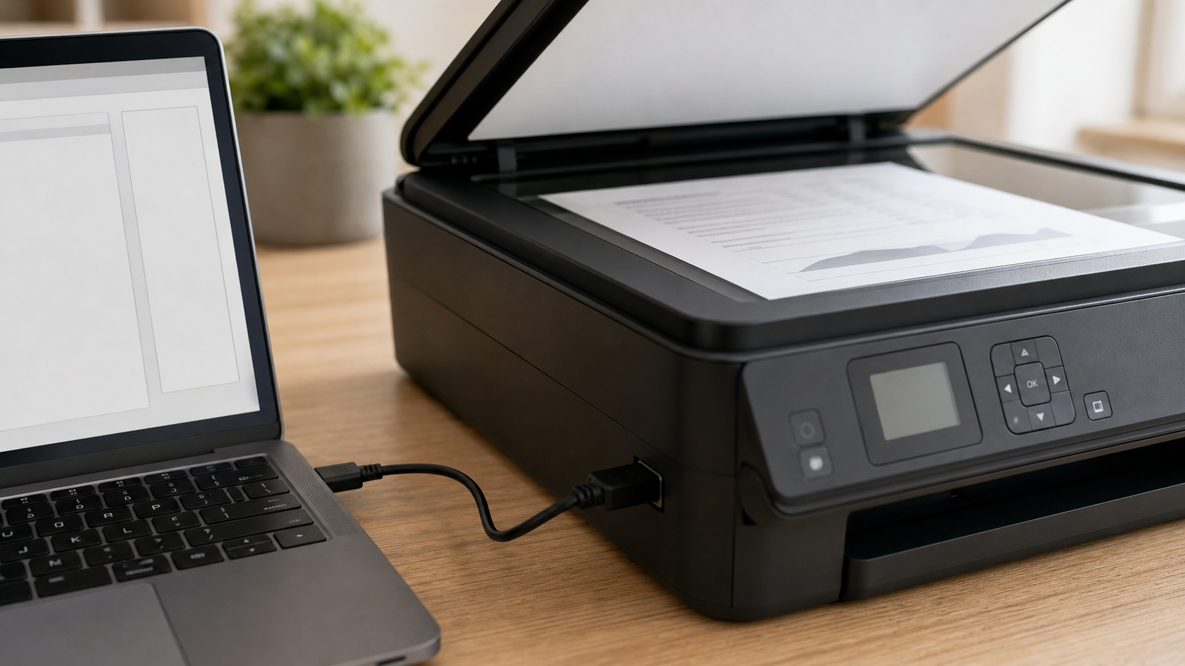 Scanner mit Dokument und Verbindung zum Laptop prüfen
