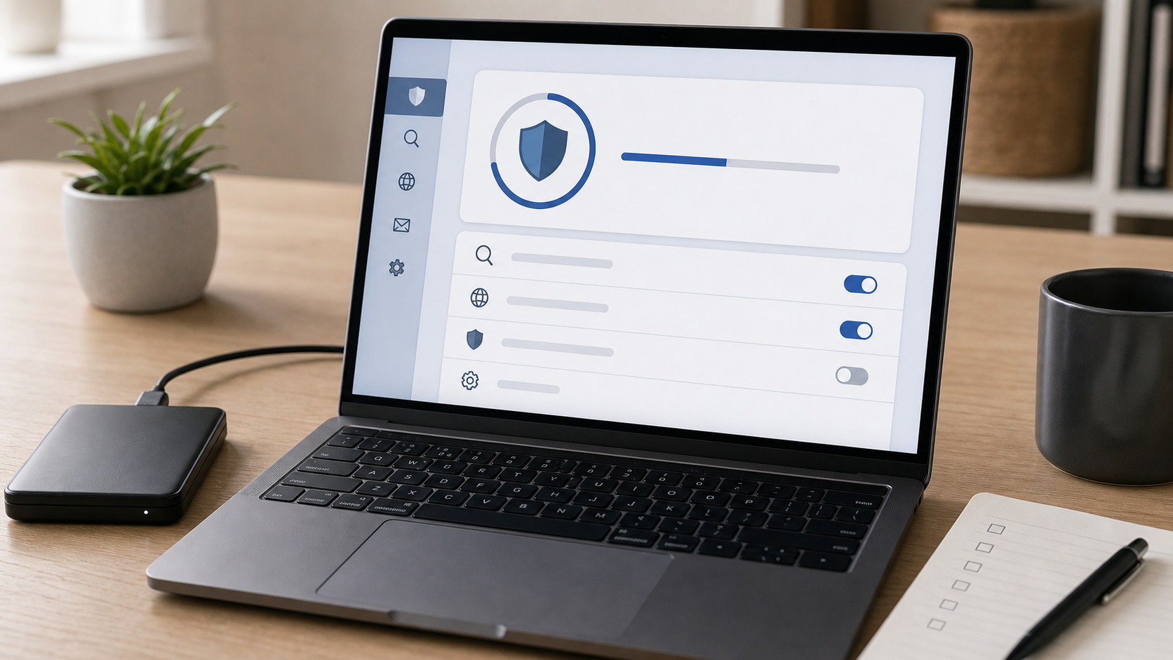 Laptop mit neutraler Sicherheitsprüfung und externem Backup-Laufwerk