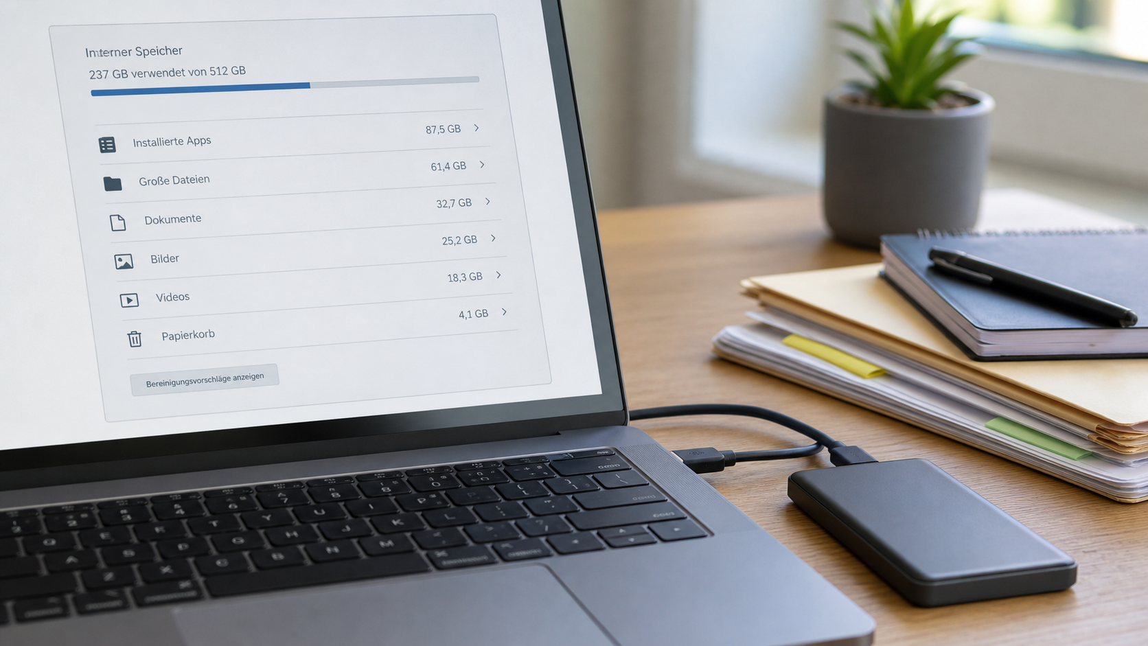 Laptop mit Speicherübersicht und externer Festplatte zur sicheren Speicherbereinigung