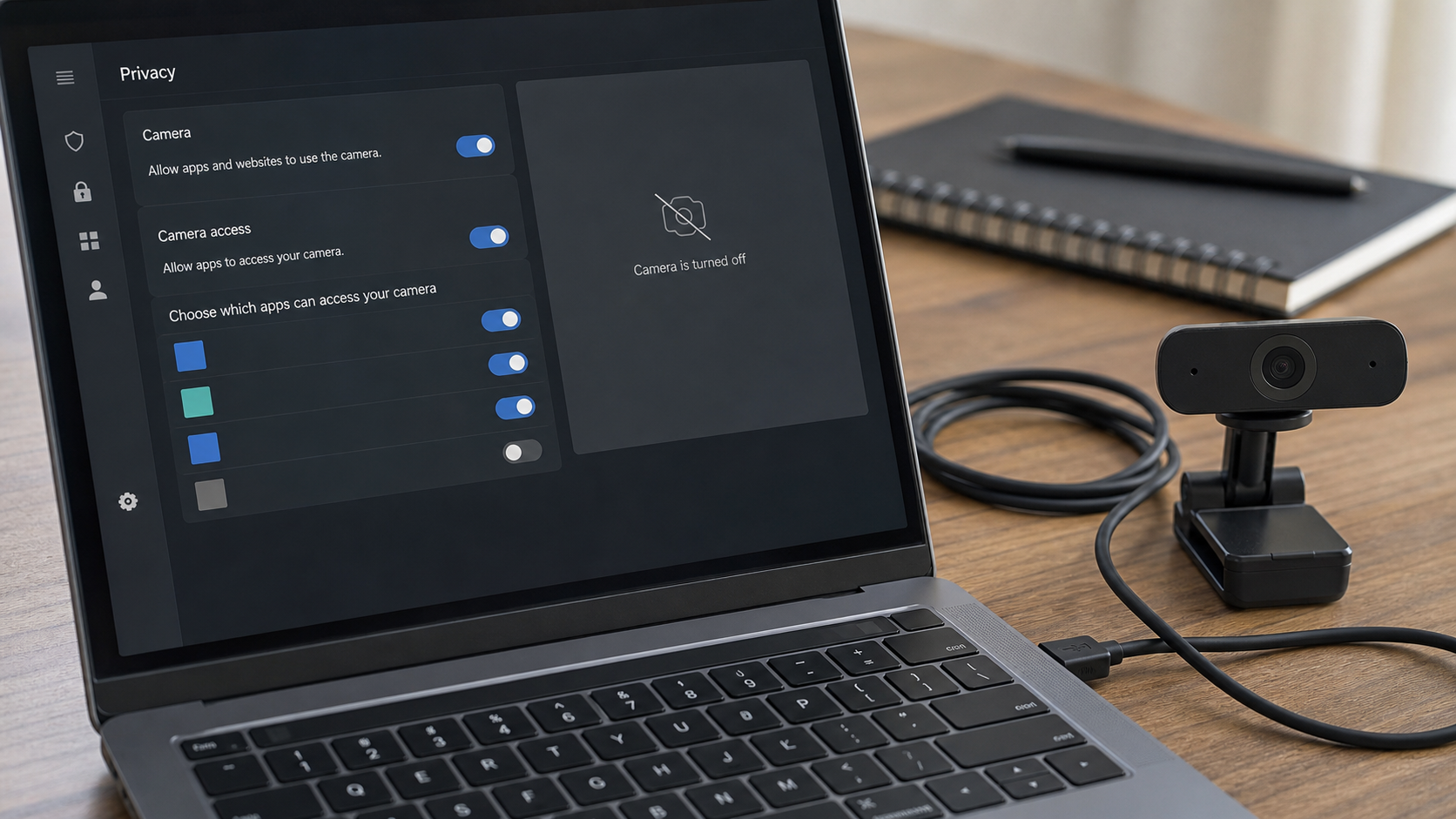 Laptop mit Kameraeinstellungen und externer Webcam zur Fehlersuche