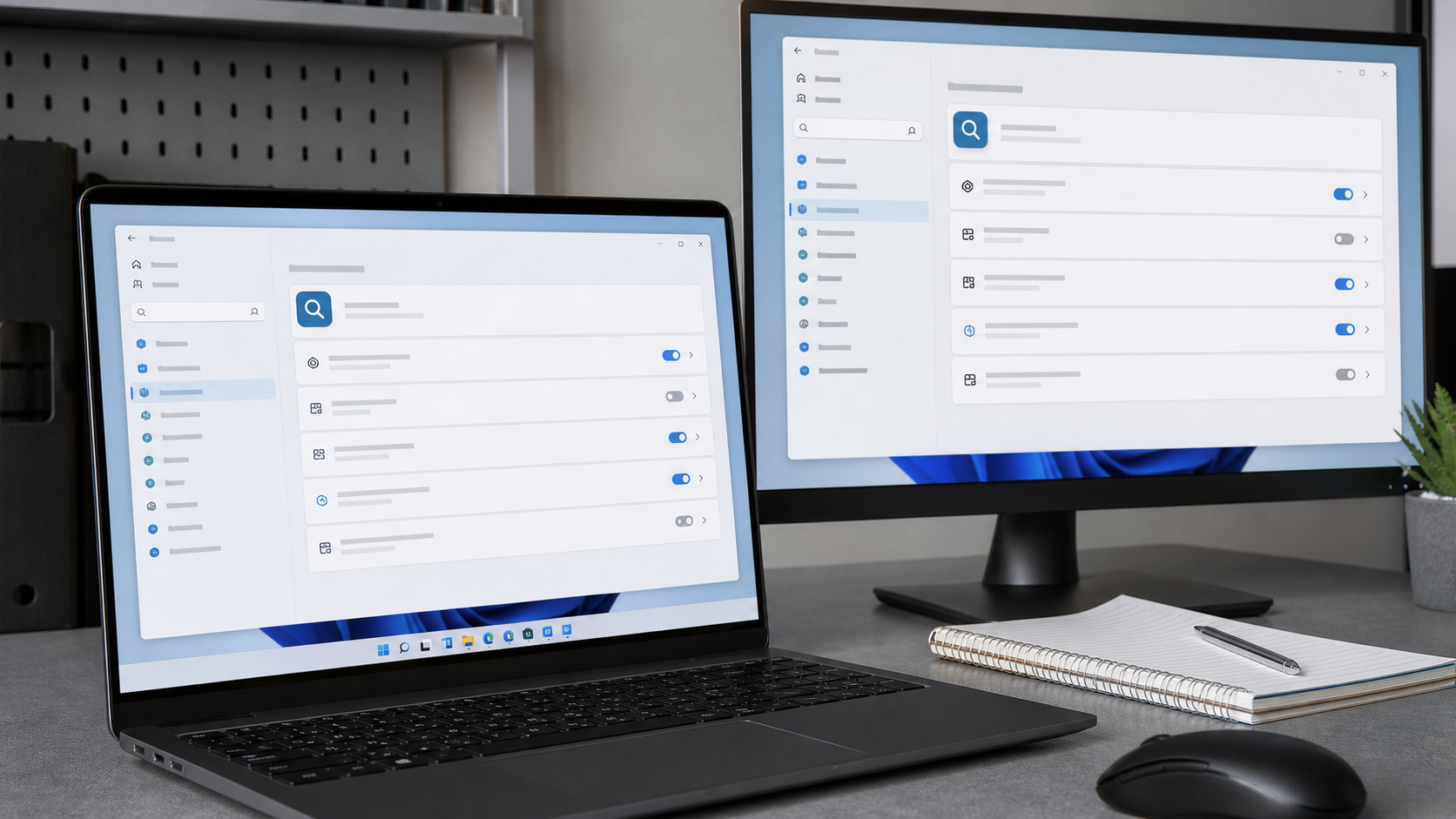 Laptop und Monitor mit geöffneten Einstellungen zur Windows-Suche