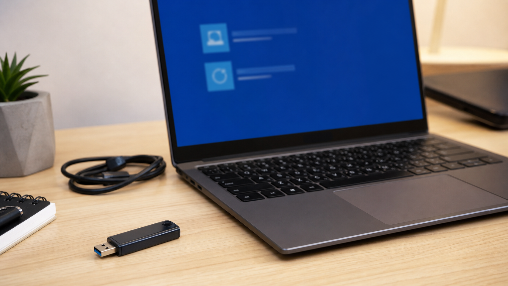 Laptop mit Wiederherstellungsumgebung und USB-Stick zur Windows-Reparatur