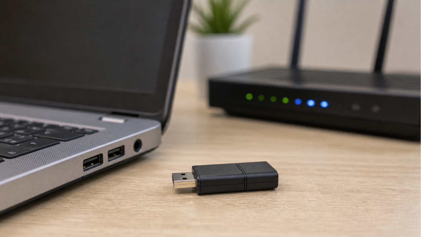 Laptop mit WLAN-Adapter und Router bei der Netzwerkdiagnose