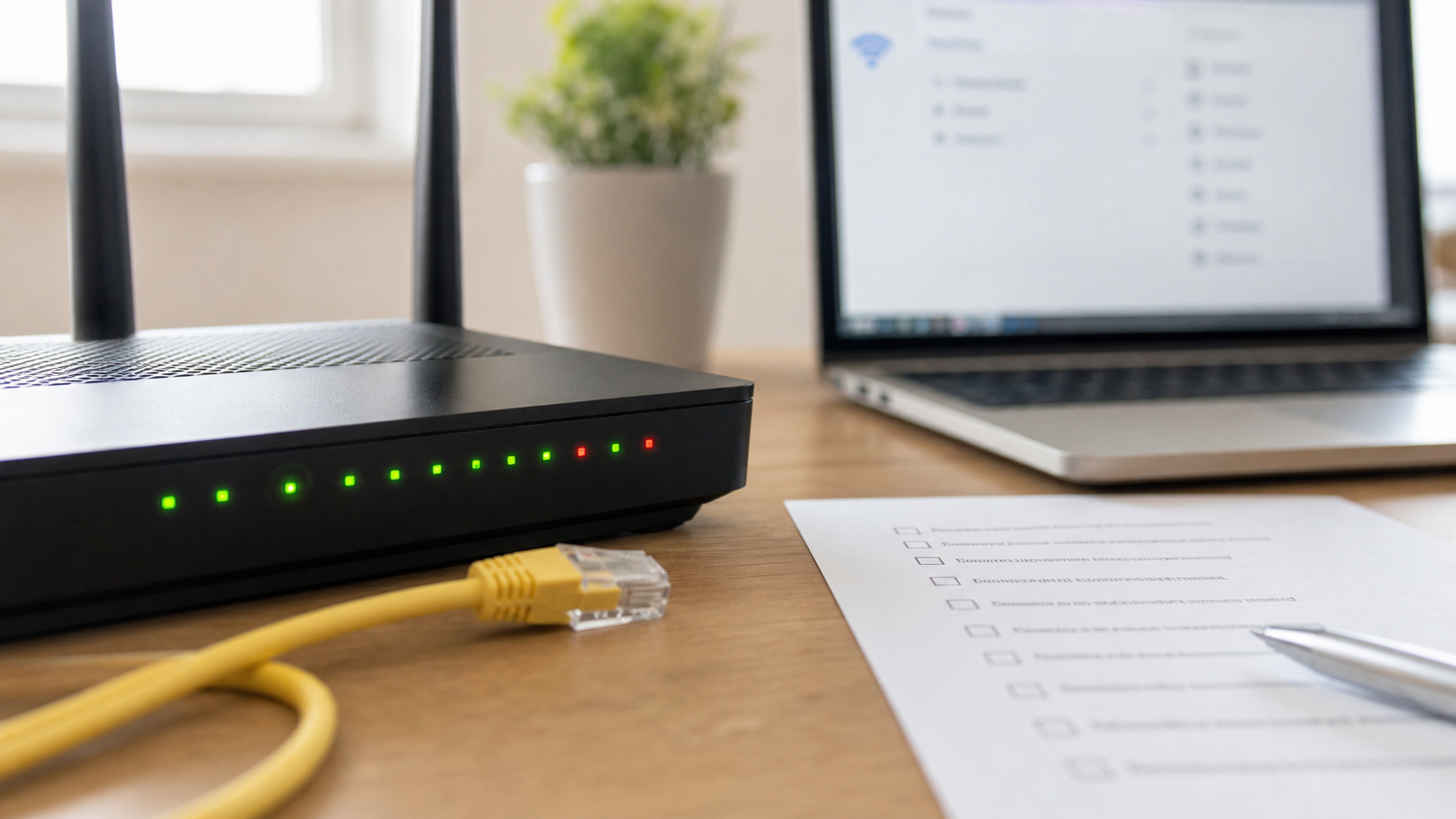Router mit Statusleuchten und Netzwerkkabel zur Diagnose bei WLAN ohne Internet