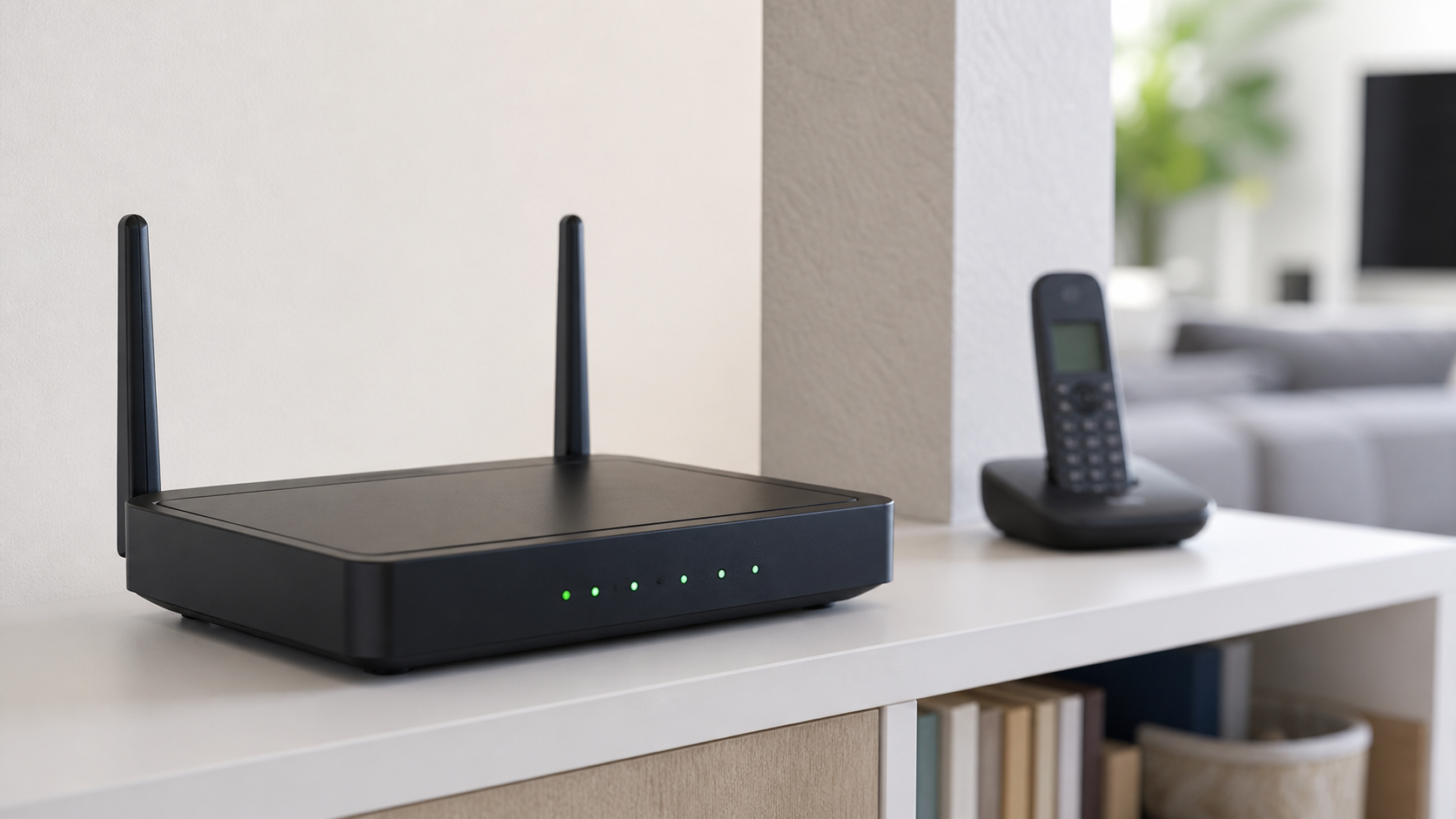 Frei aufgestellter WLAN-Router neben einer möglichen Funkstörquelle