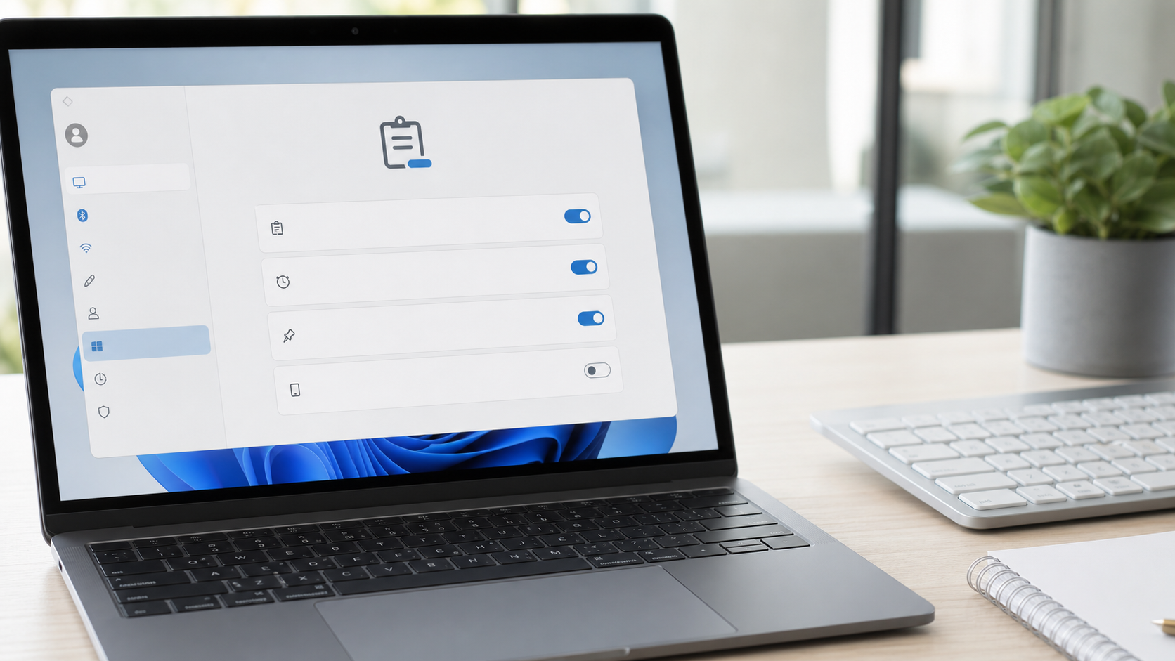 Laptop mit geöffneter Einstellung für die Zwischenablage unter Windows 11