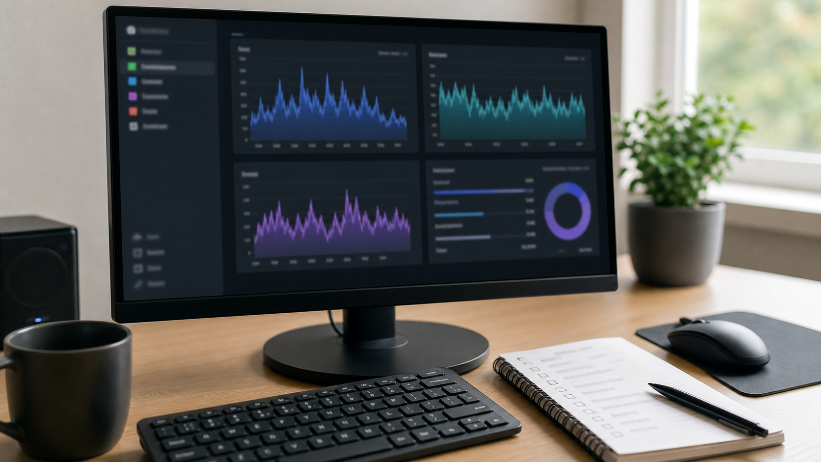 Neutraler PC-Arbeitsplatz mit Leistungsdiagrammen zur CPU-Diagnose