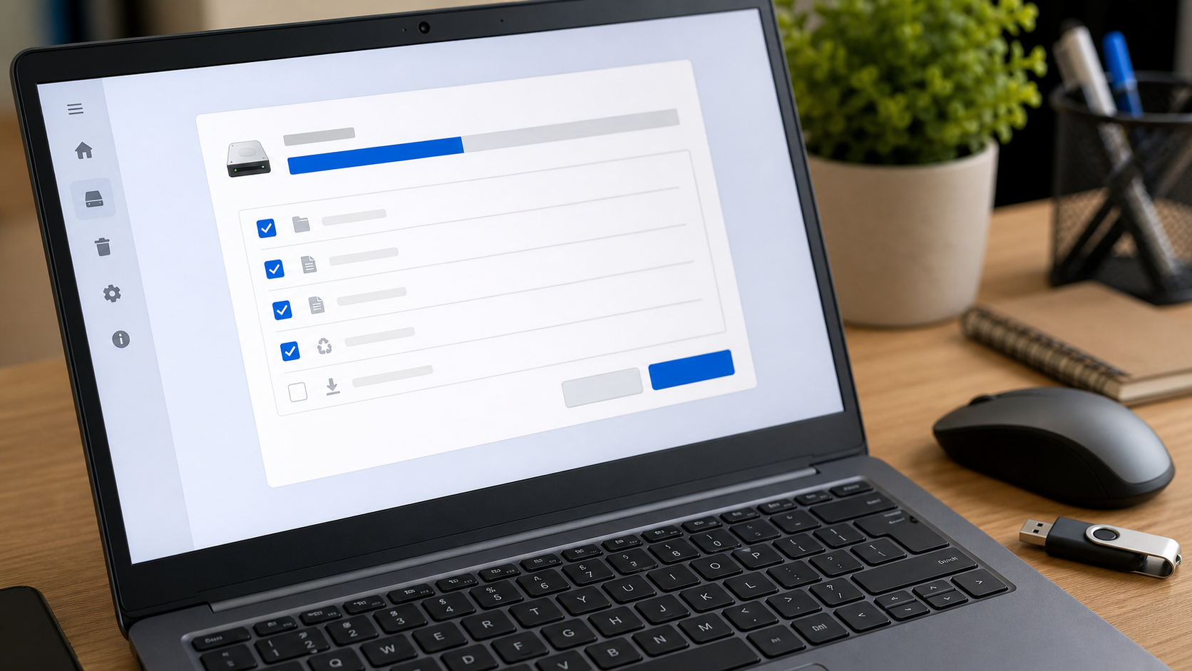Laptop mit Speicherbereinigung und ausgewählten Dateien