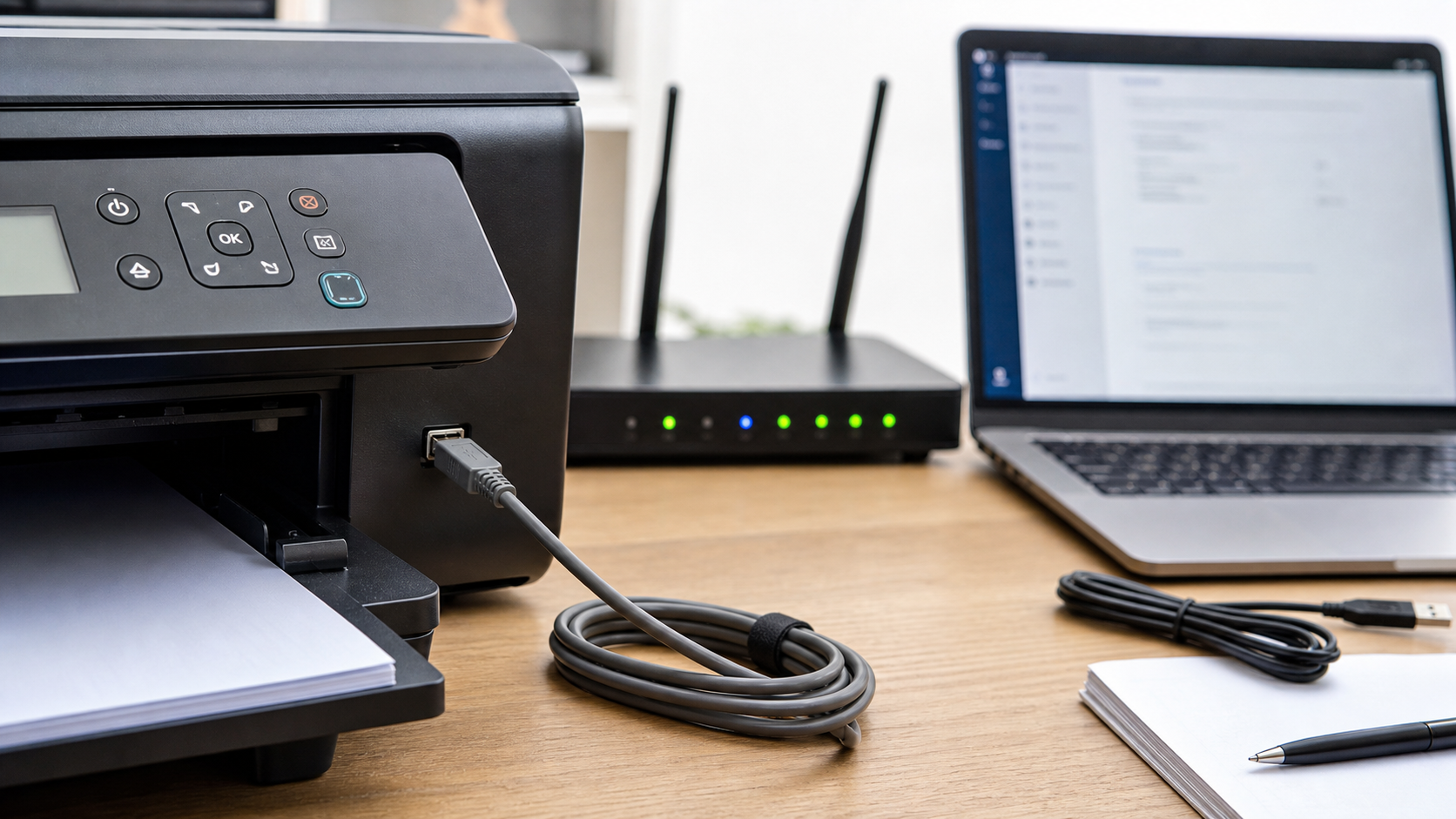 Druckerverbindung mit Kabel und Netzwerk am Arbeitsplatz prüfen