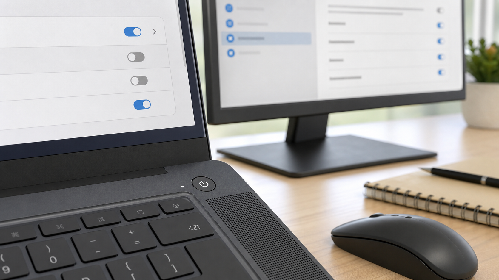 Laptop und Monitor mit Energieeinstellungen als Symbol für die Abschalt-Diagnose