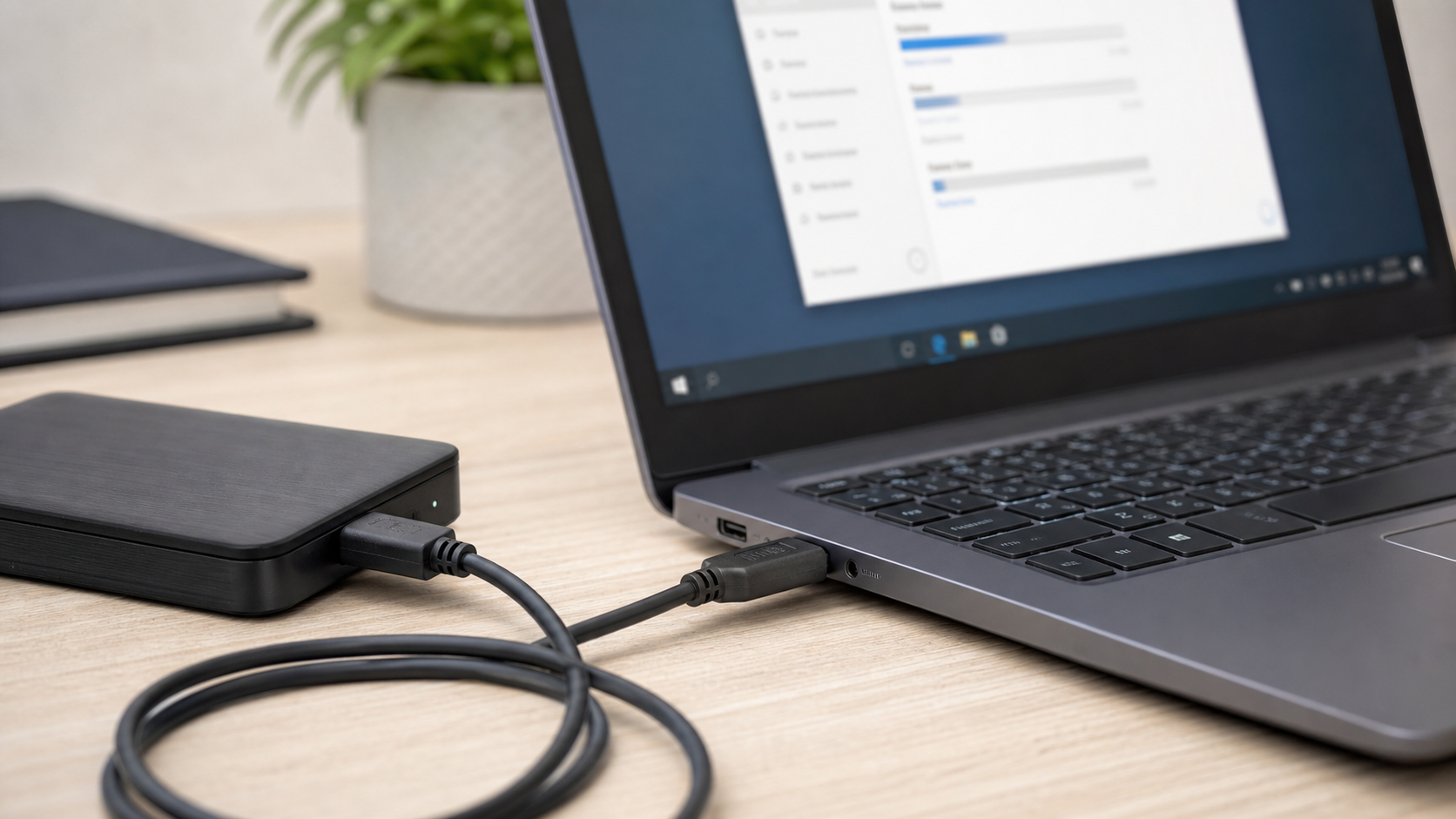 USB-Kabel und externe Festplatte am Laptop prüfen