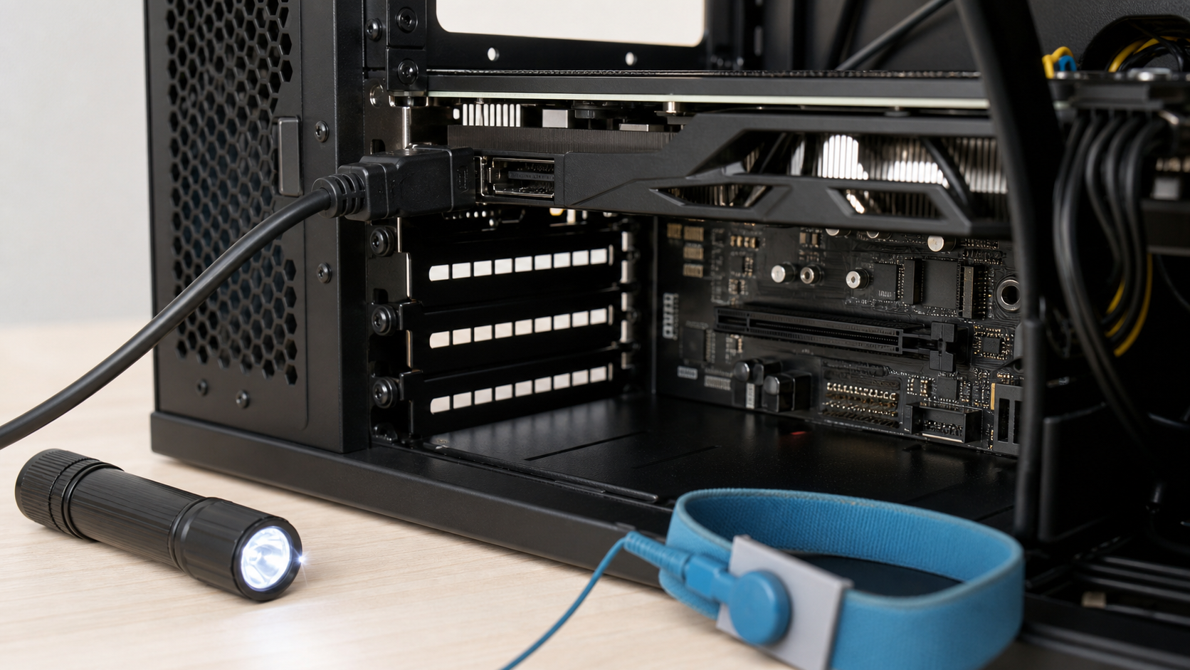 Nahaufnahme eines PC-Gehäuses zur Prüfung von Grafikkarte und Monitoranschluss