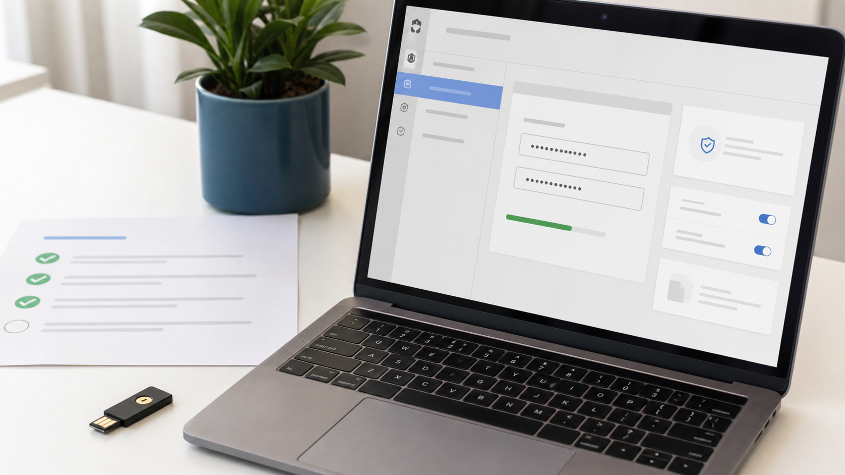 Laptop mit neutralen Sicherheitseinstellungen nach einem Phishing-Verdacht