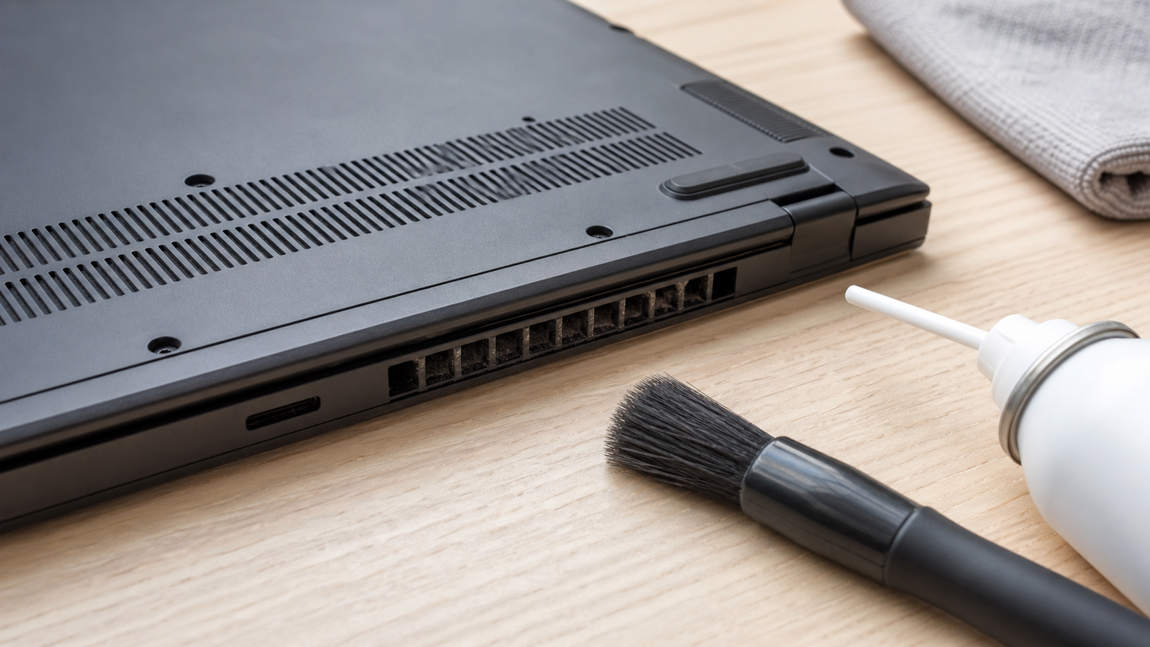 Laptop-Lüftung mit Pinsel und Druckluft zur sicheren Reinigung