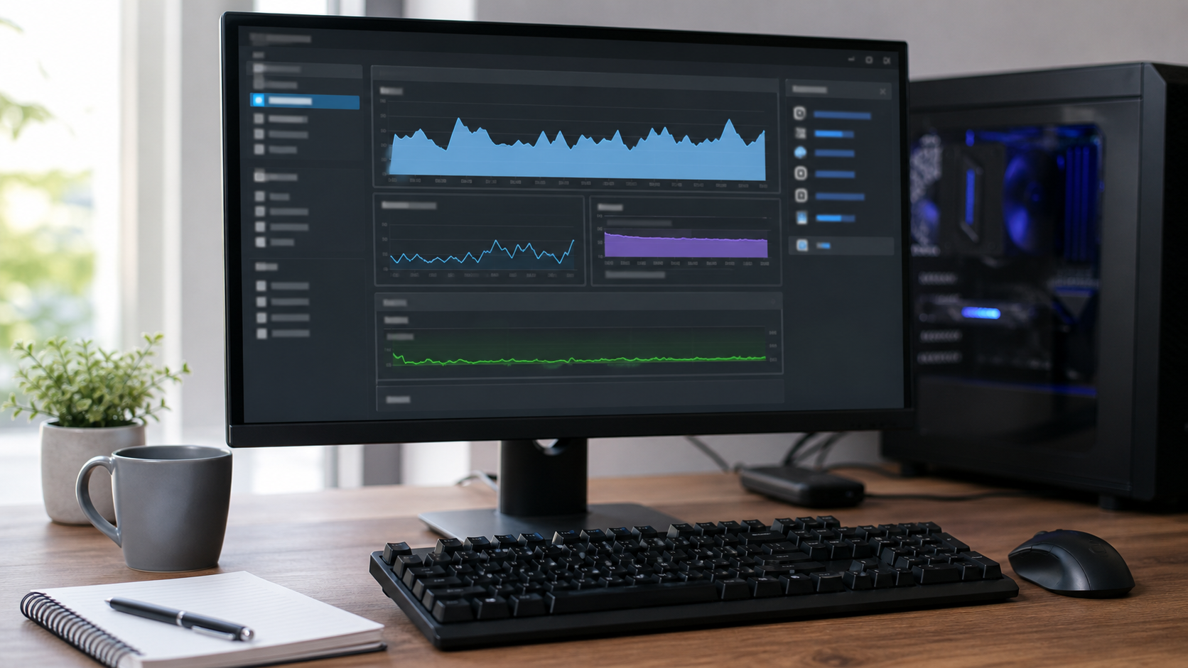 Leistungsdiagnose am PC mit Diagrammen auf dem Monitor