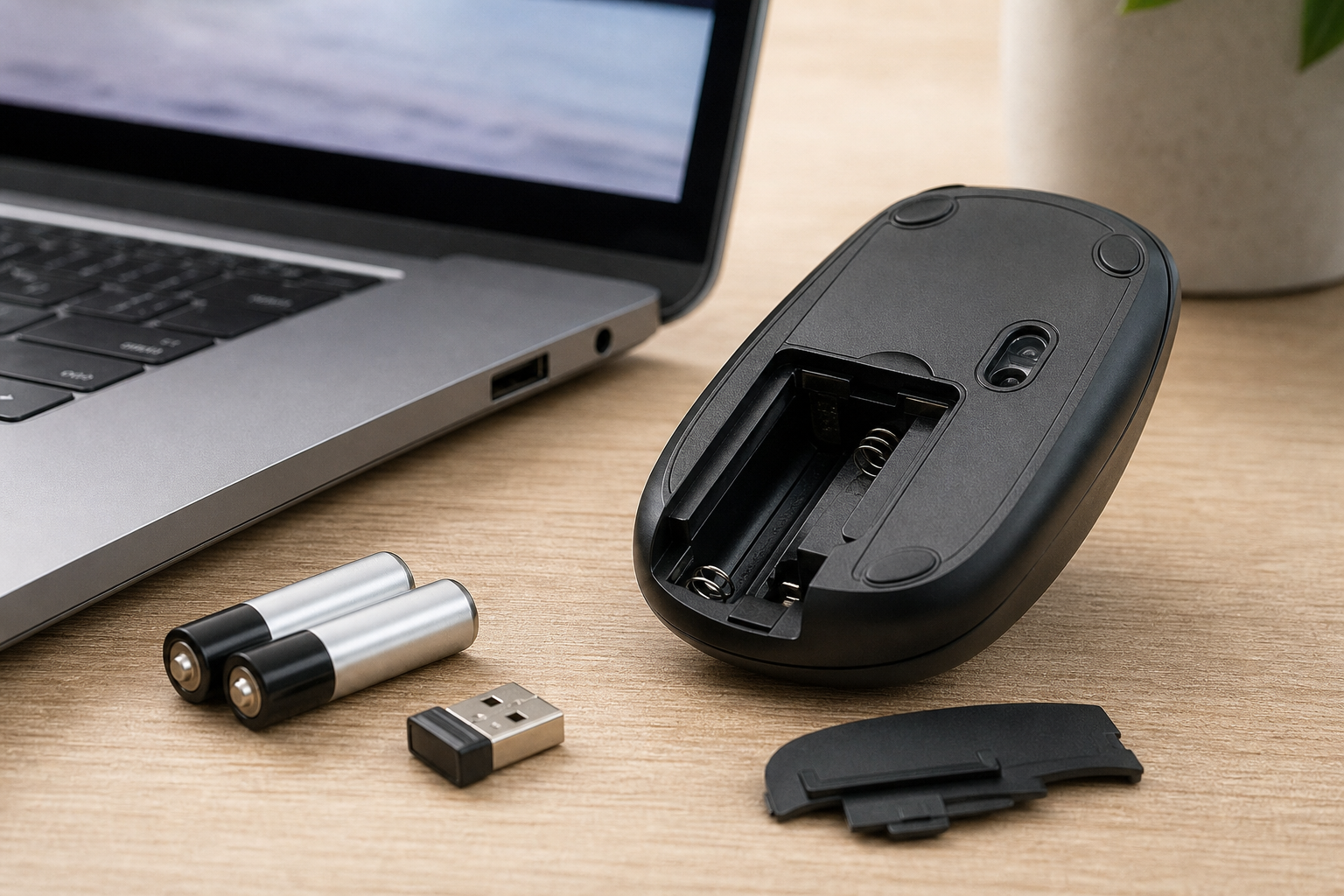 Kabellose Maus mit Batterie und USB-Empfänger prüfen