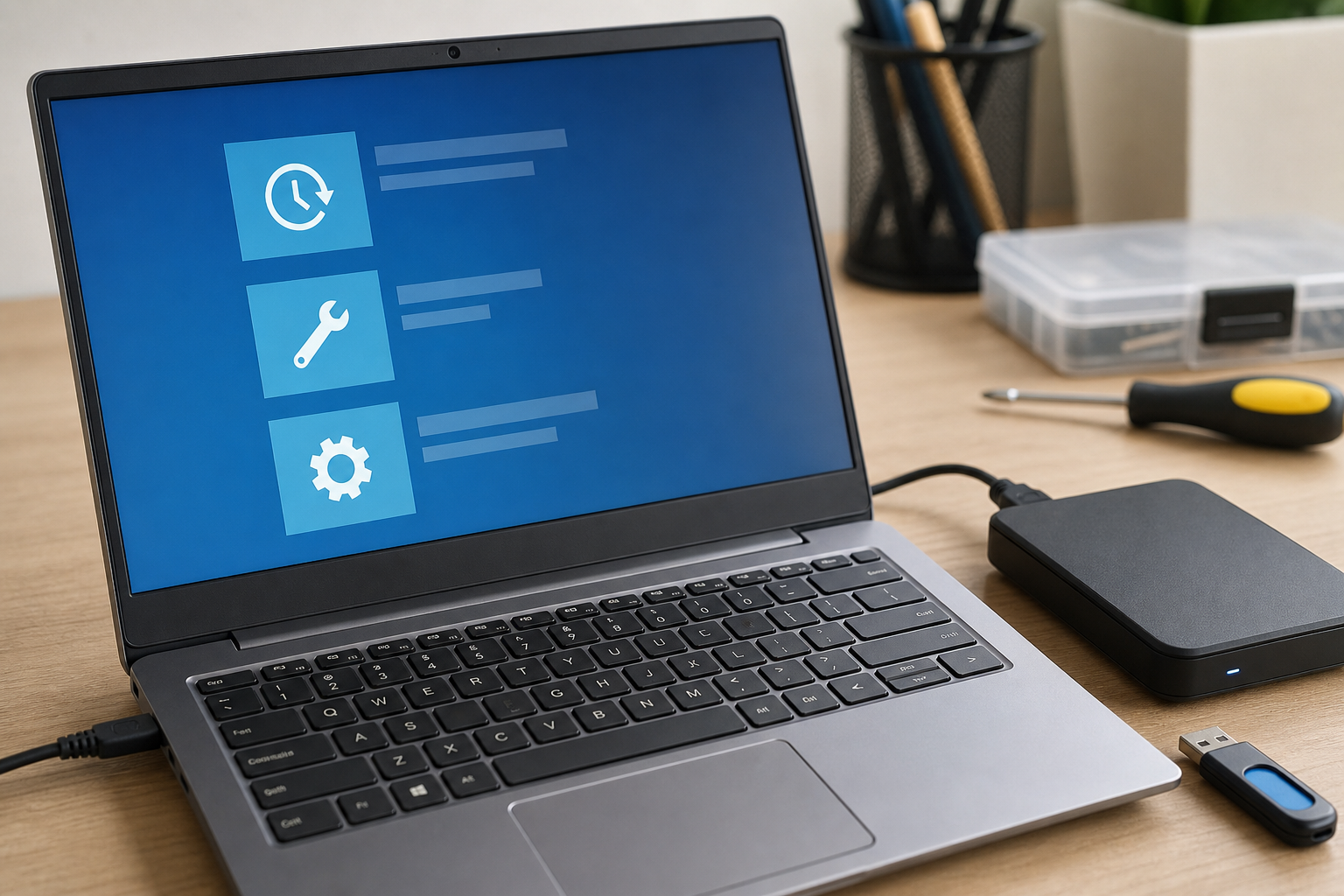Laptop mit Wiederherstellungsoptionen und externer Sicherung als sichere Diagnose bei Startproblemen