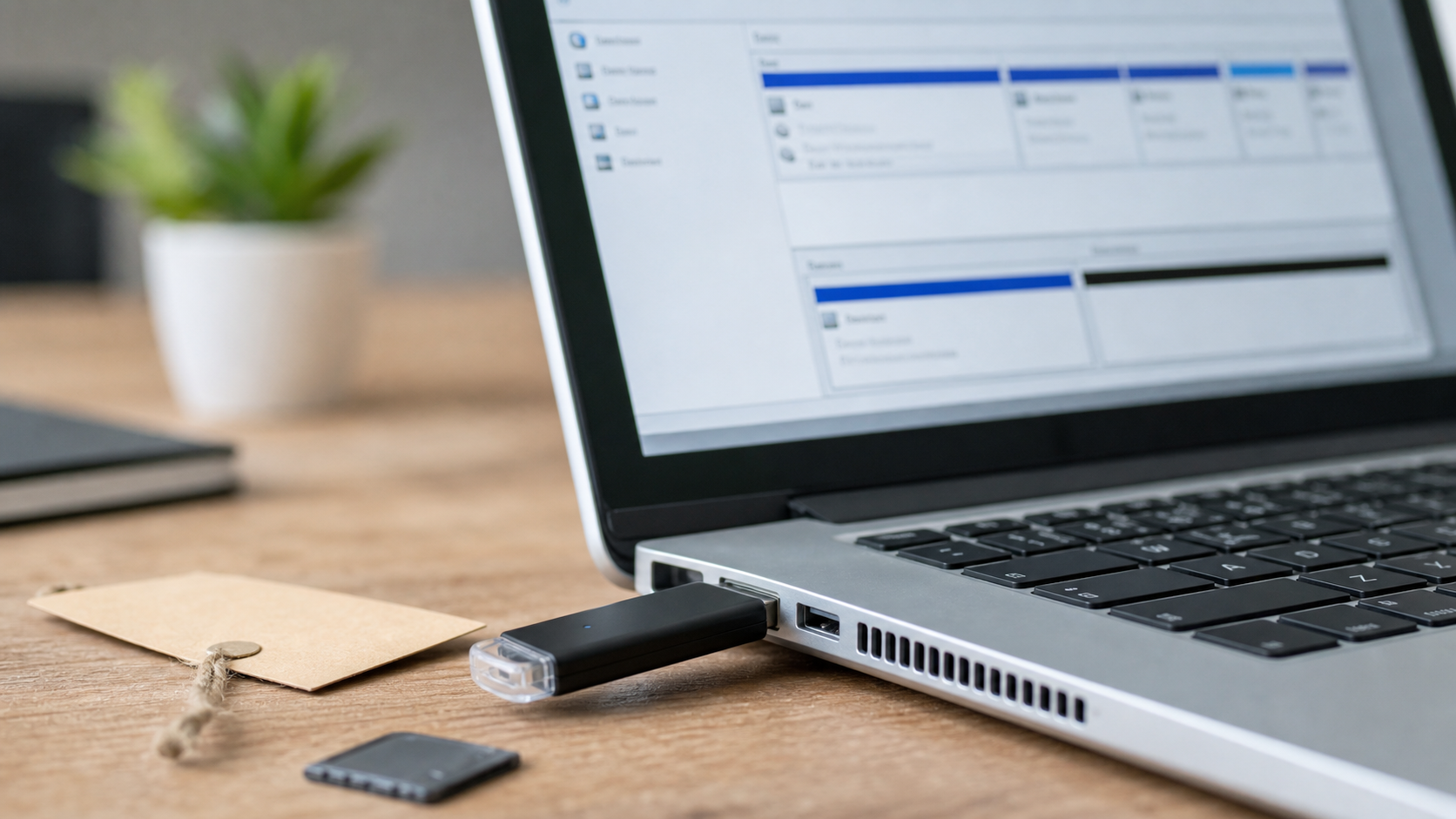 USB-Stick am Laptop mit geöffneter Datenträgerprüfung