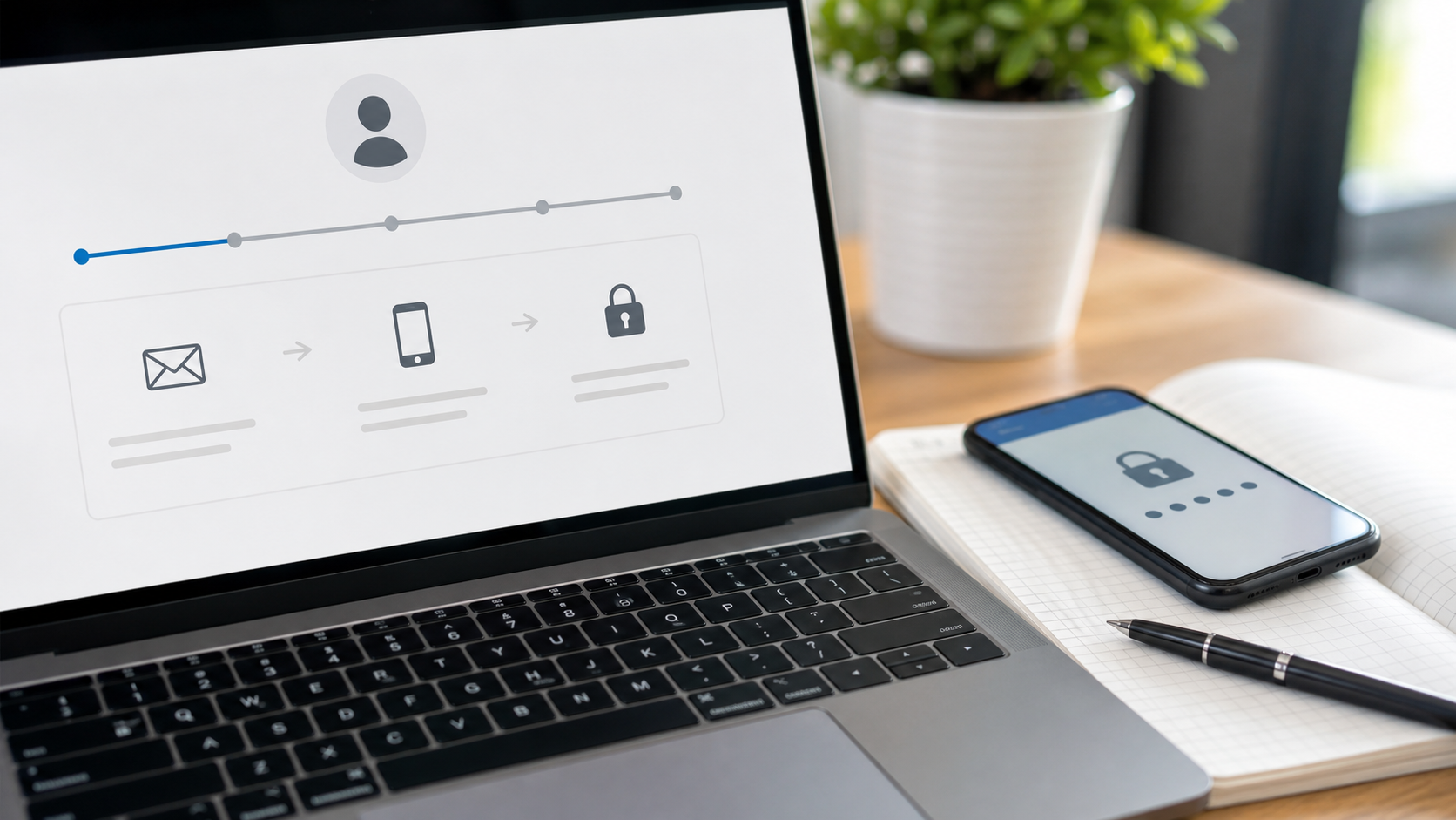 Laptop mit Kontowiederherstellung und Smartphone zur Bestätigung