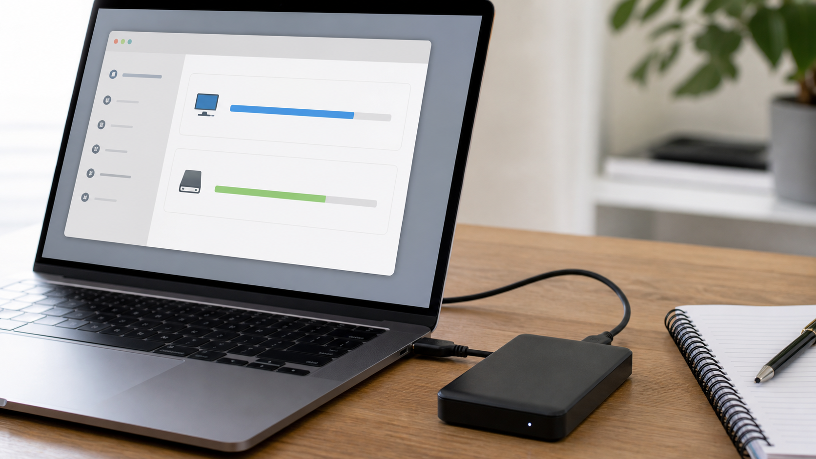 Laptop mit angeschlossenem Backup-Laufwerk während einer Speicherprüfung