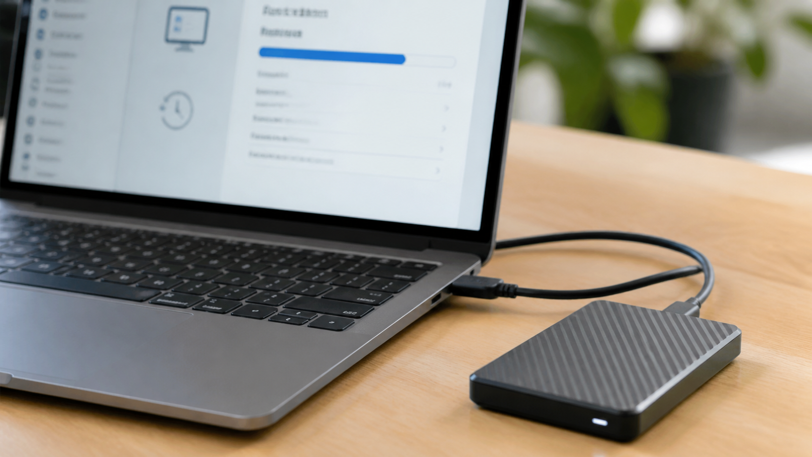 Externes Backup-Laufwerk neben einem Laptop zur Prüfung früherer Dateiversionen