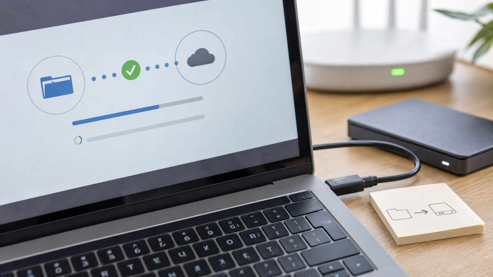 Nahaufnahme einer neutralen Backup-Synchronisierung auf einem Laptop mit externer Festplatte