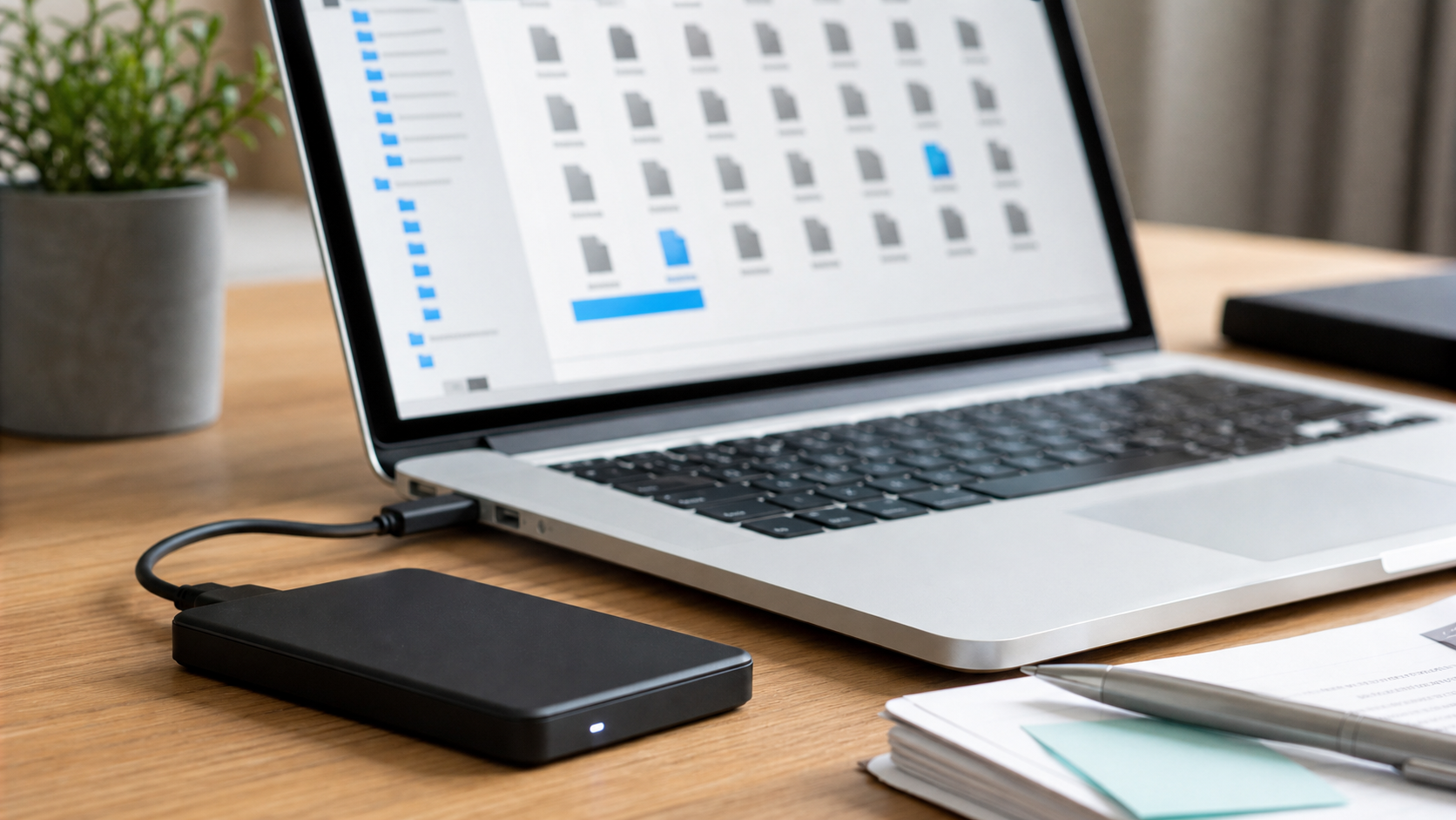 Laptop mit externer Festplatte zur vorsichtigen Prüfung gelöschter Dateien