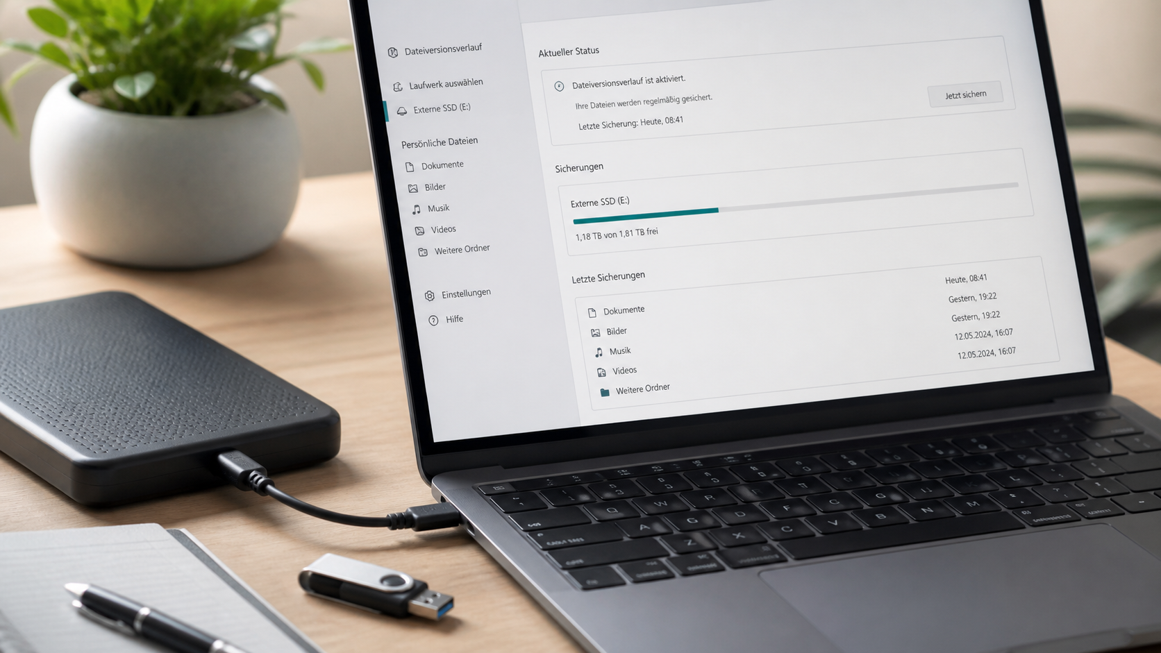 Externe Sicherung und Dateiversionsverlauf am Laptop prüfen