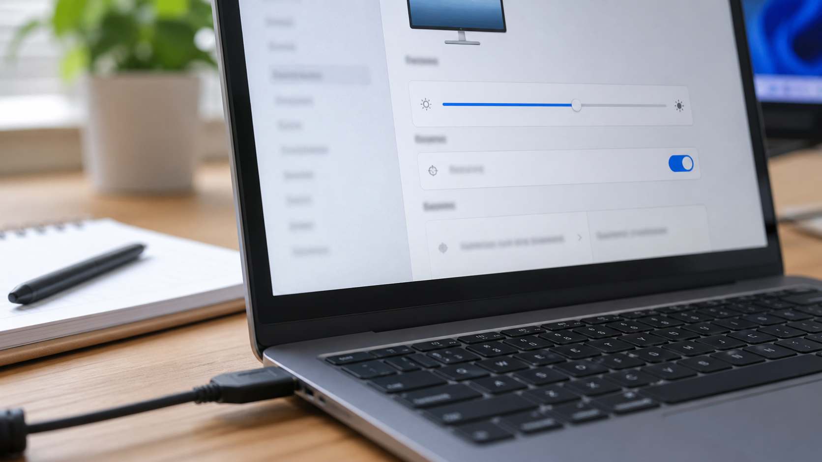 Display-Einstellungen am Laptop zur Prüfung von Helligkeit und Monitoranschluss