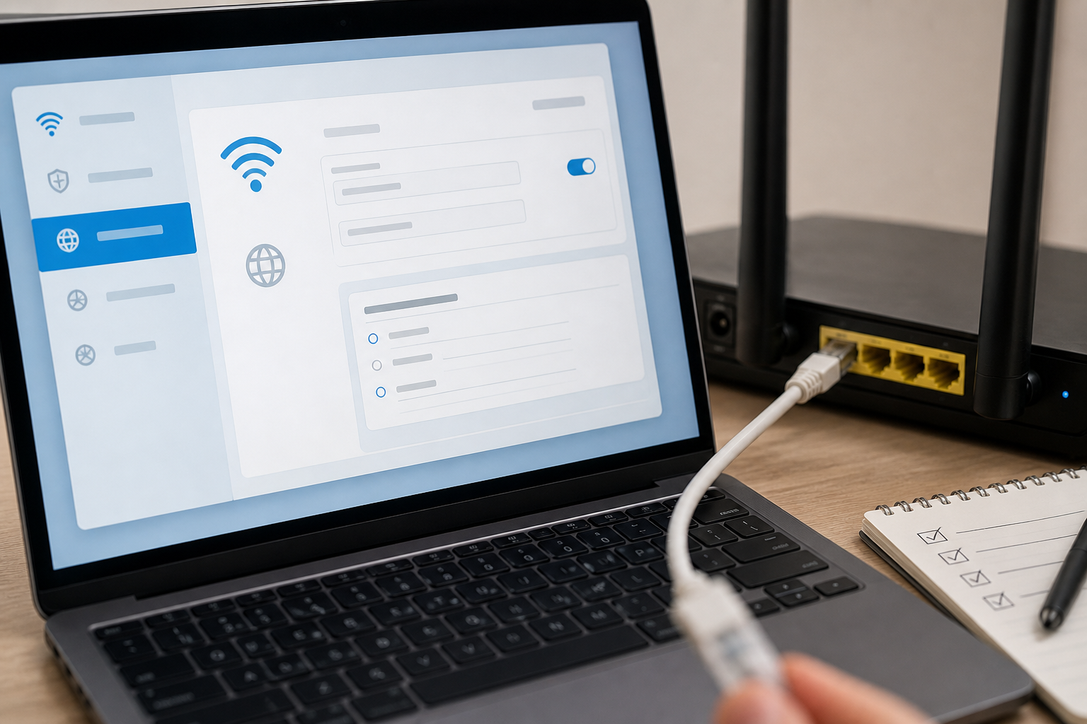 Laptop mit Netzwerkeinstellungen und Router zur DNS-Fehlersuche
