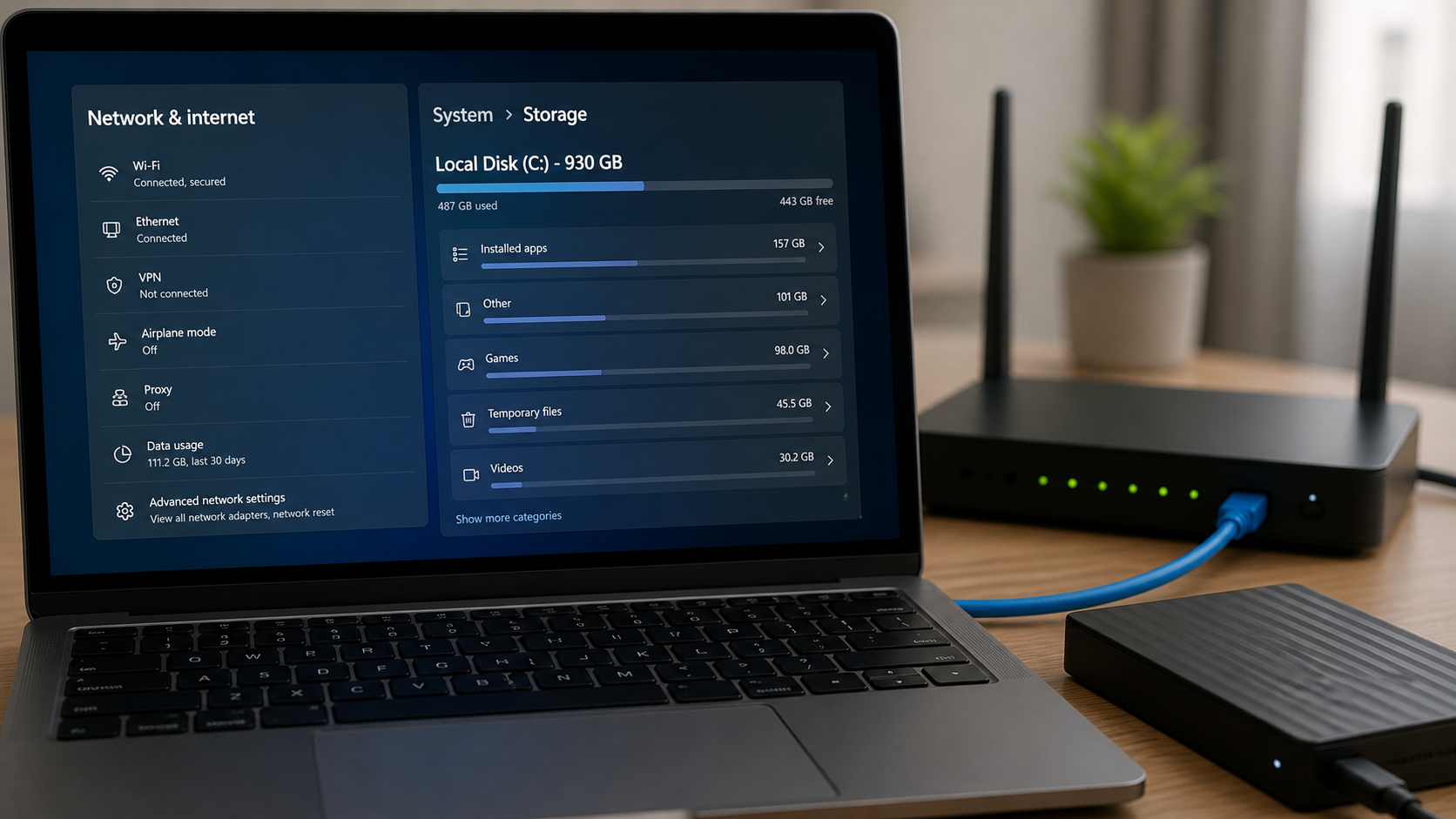 Laptop mit Netzwerk- und Speicherprüfung bei einem hängenden Spiele-Download