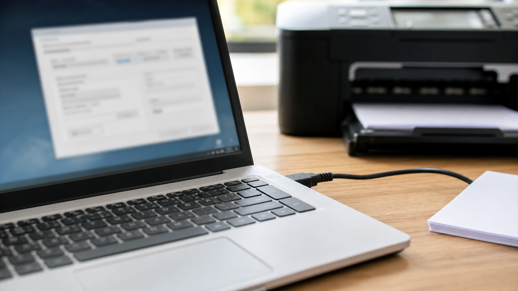 Laptop mit Druckereinstellungen und verbundenem Drucker auf einem Schreibtisch