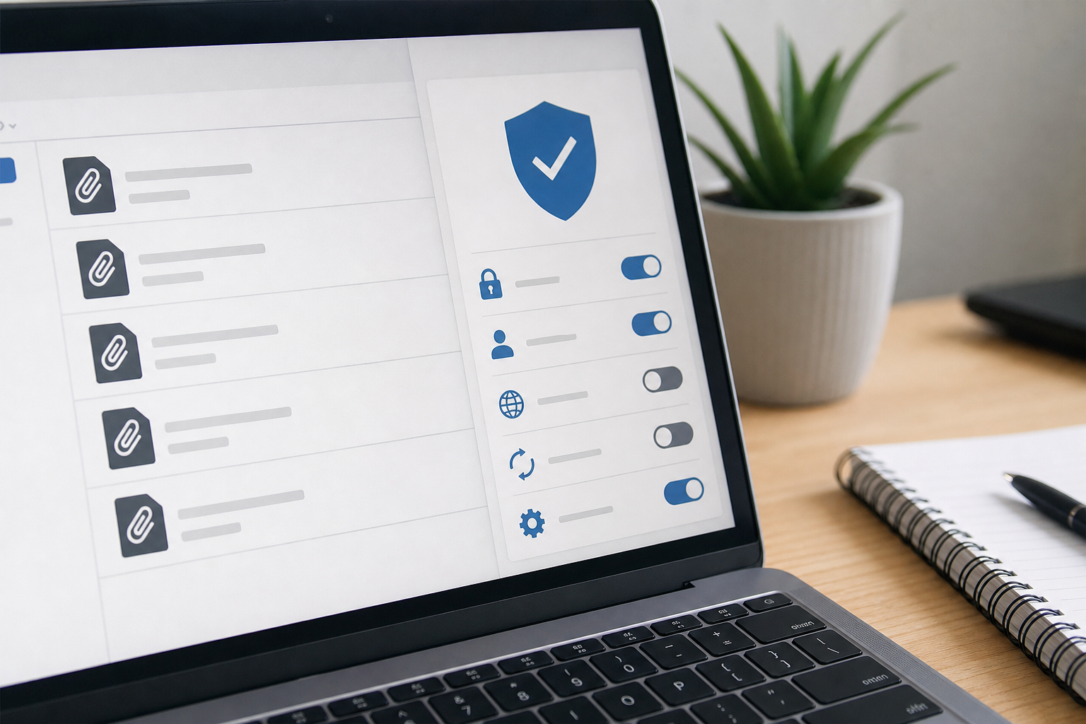 Laptop mit E-Mail-Anhängen und neutraler Sicherheitsprüfung