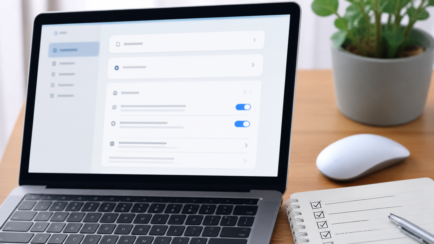 Laptop mit Kontoeinstellungen und Prüfliste für Administratorrechte