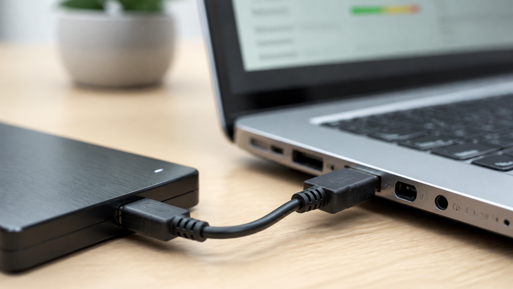 USB-Verbindung einer externen Festplatte wird am Laptop-Anschluss geprüft