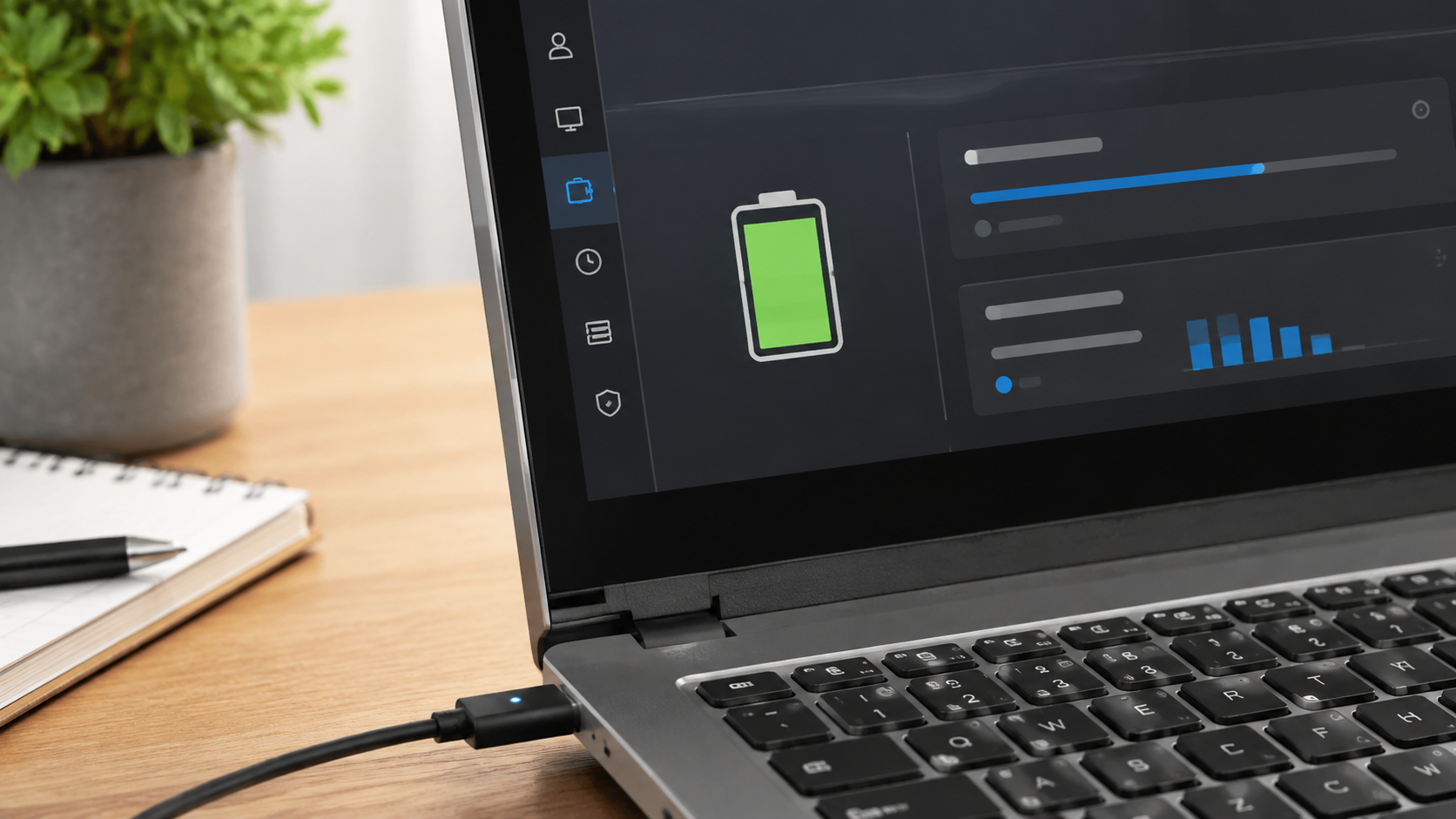 Laptop mit geöffneten Energieeinstellungen und angeschlossenem Ladekabel